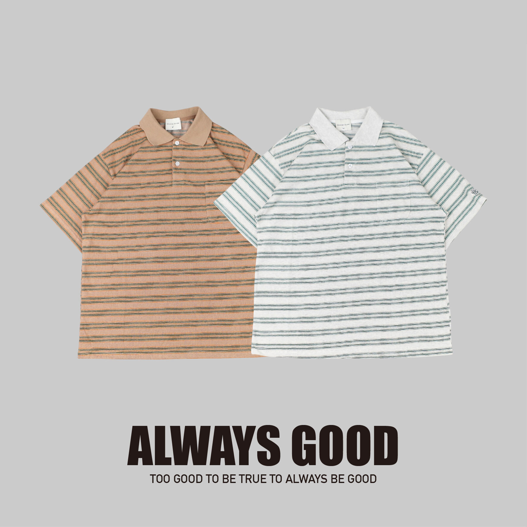 『Always_Good』條紋 刺繡 Polo領 上衣