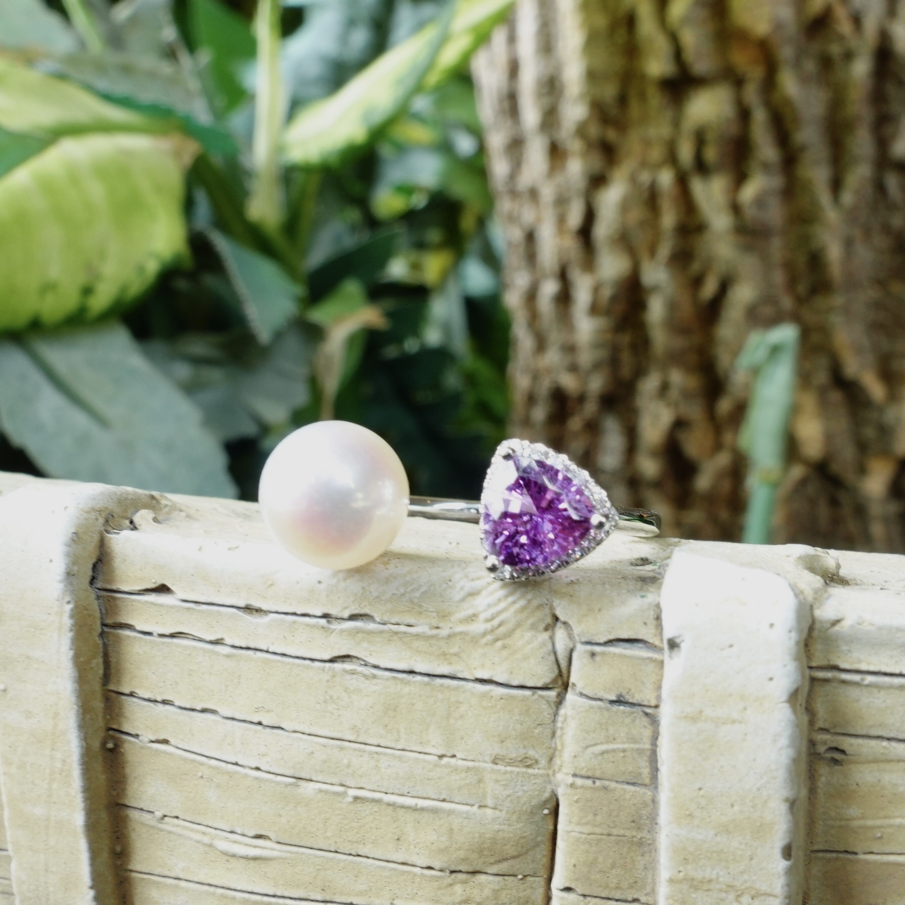 18K金鑲嵌天然紫藍寶石鑽石日本Akoya開口戒指