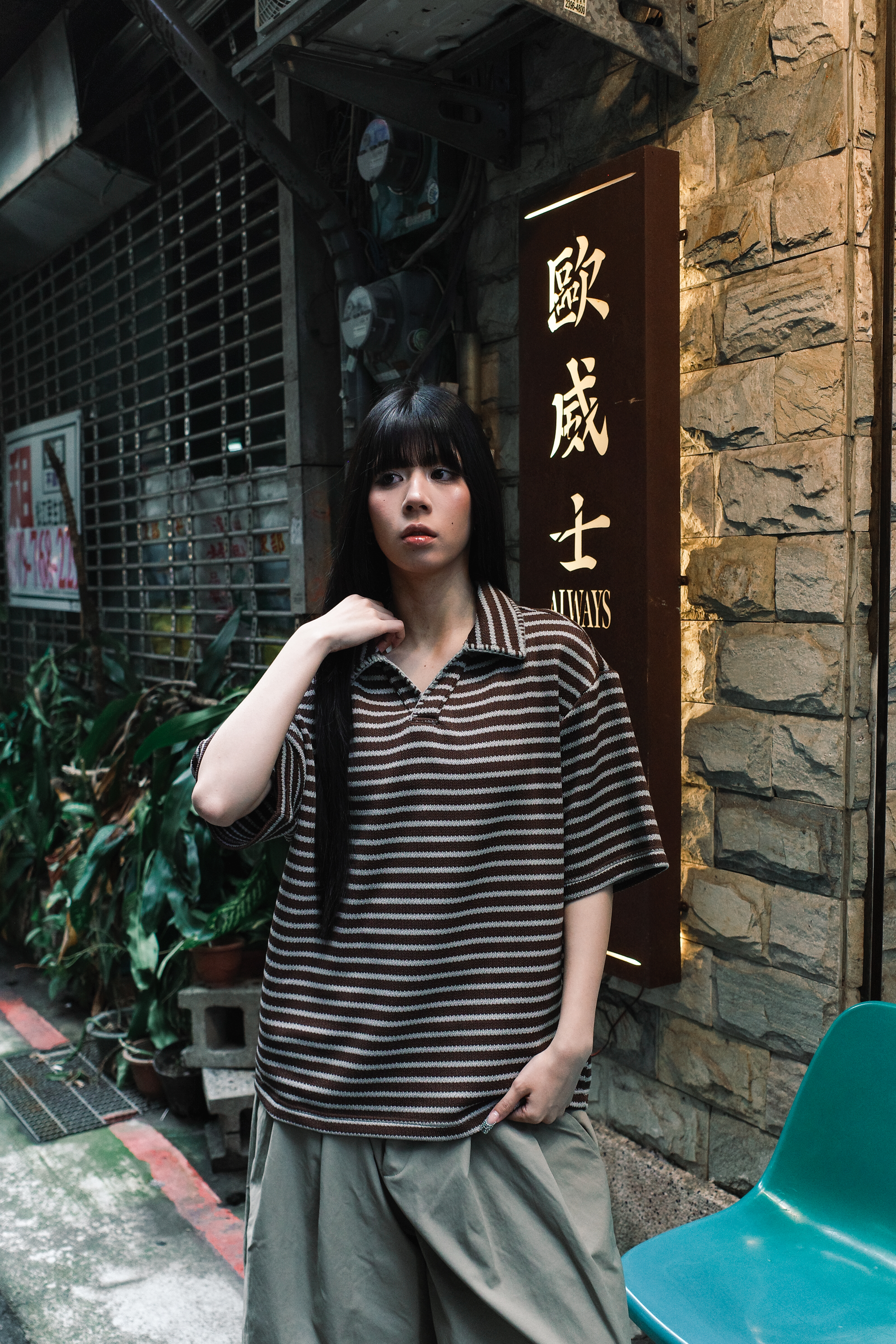 『Always_Good』針織 開襟 橫條紋 POLO領 上衣