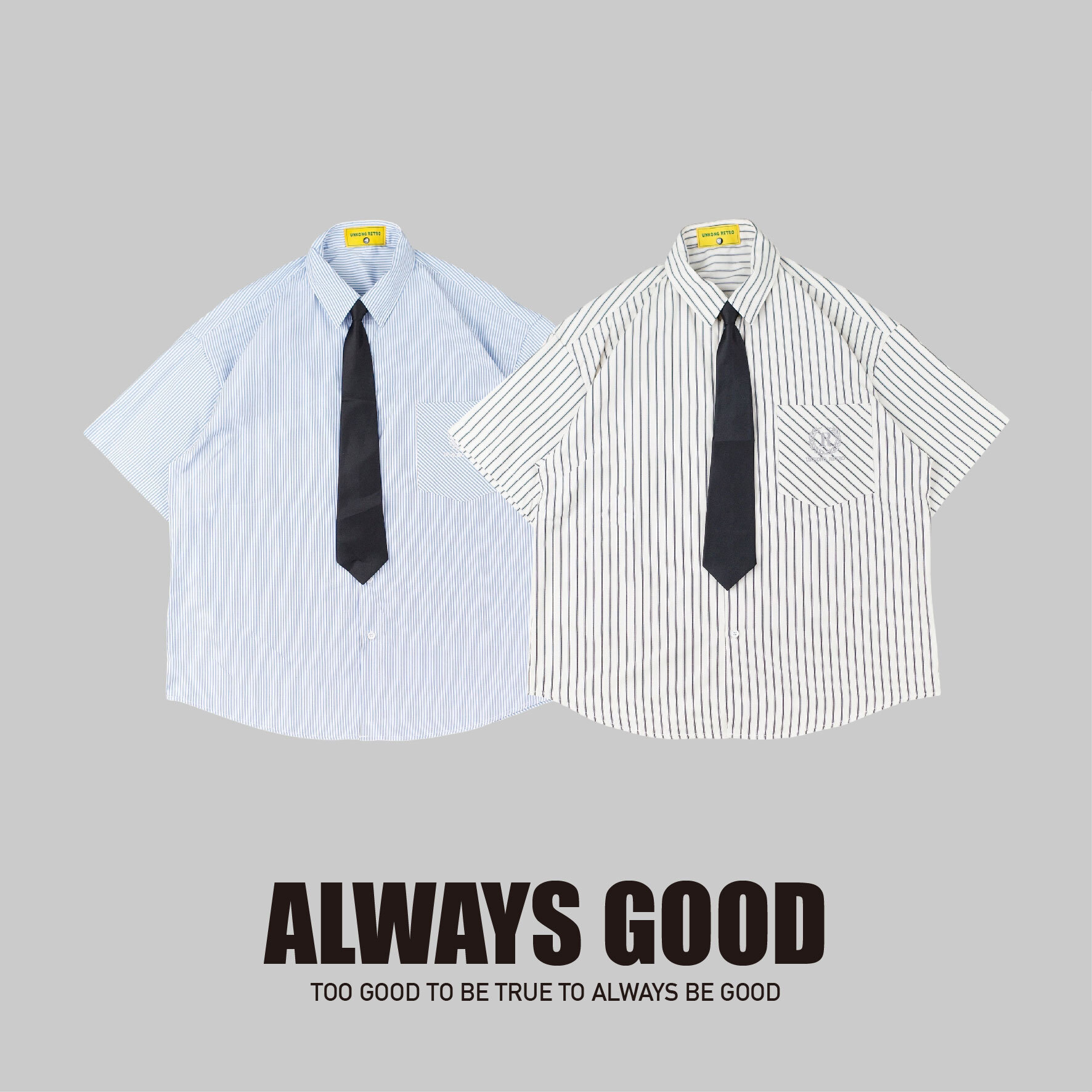 『Always_Good』附領帶 直條紋 刺繡 短袖 襯衫