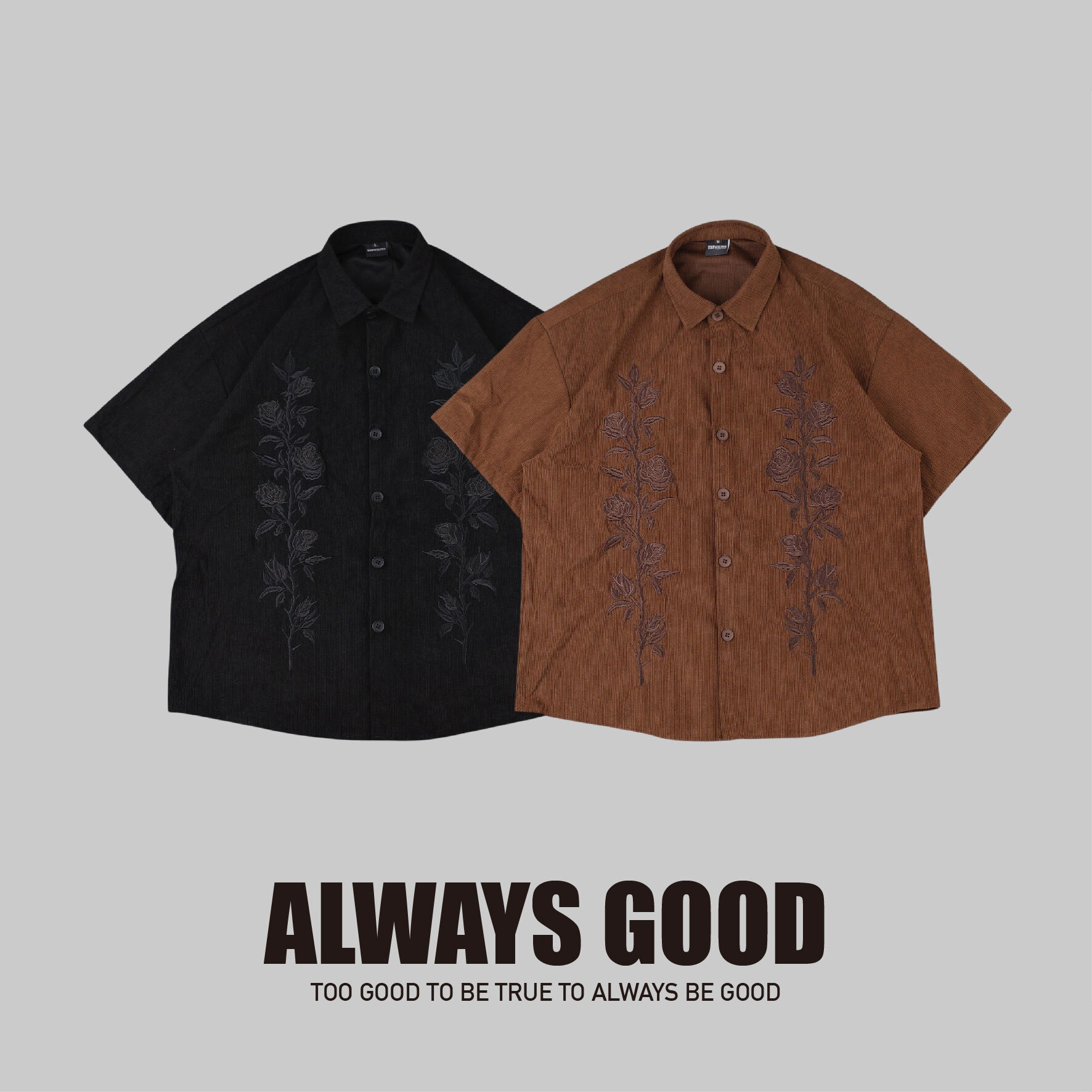 『Always_Good』玫瑰 刺繡 薄燈芯絨 工裝 短袖 襯衫