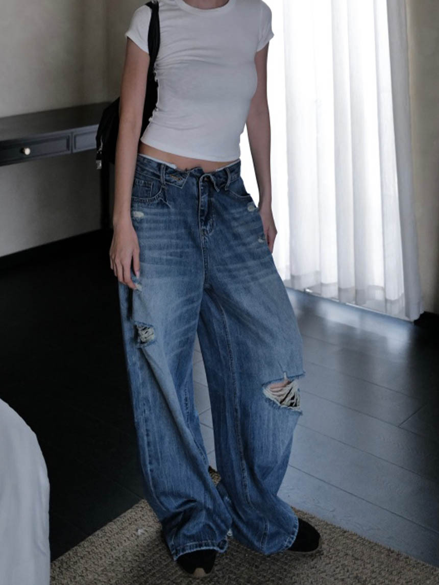 反摺褲頭低腰牛仔褲