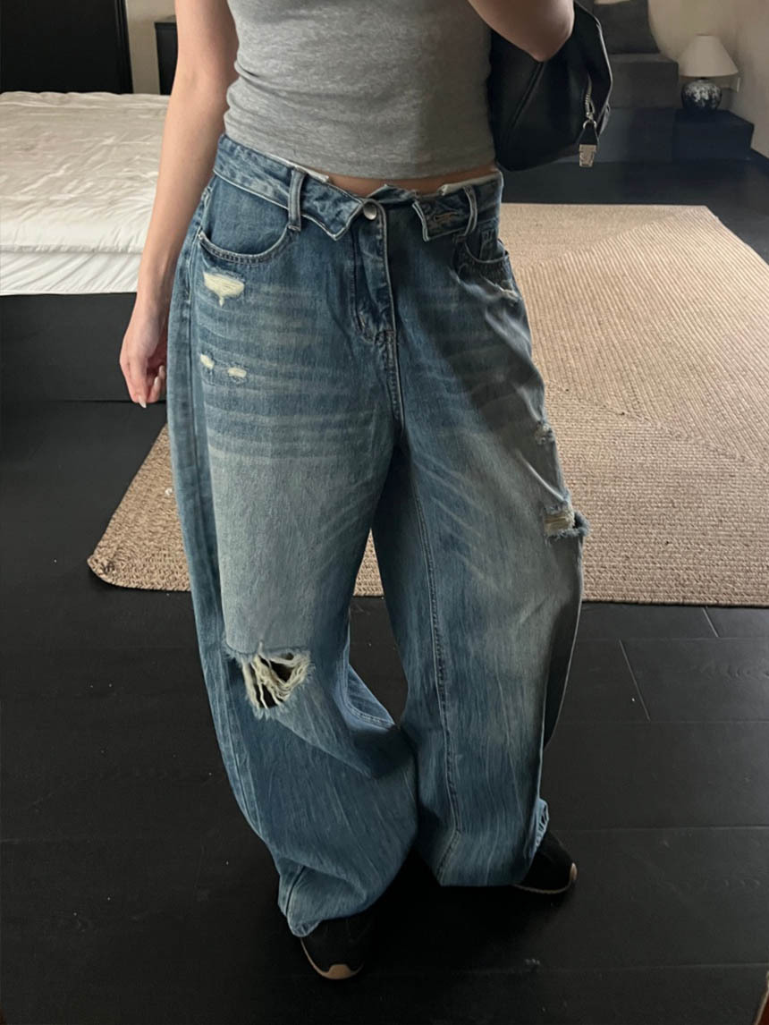 反摺褲頭低腰牛仔褲