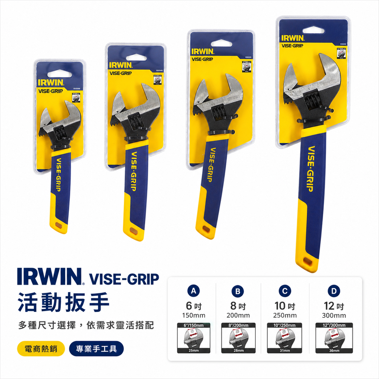 美國 IRWIN 握手牌｜6" 8" 10" 12" 膠柄活動扳手 刻度顯示強力型活動板手 調整式膠柄固定鉗 10505486 10505488 10505490 10505492