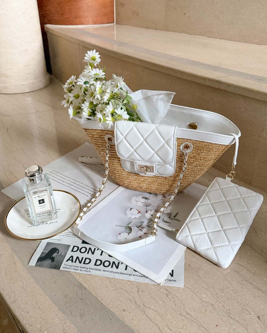 全牛皮 盛夏焦點小香風撞色滾邊織紋鎖頭藤編包-白X杏