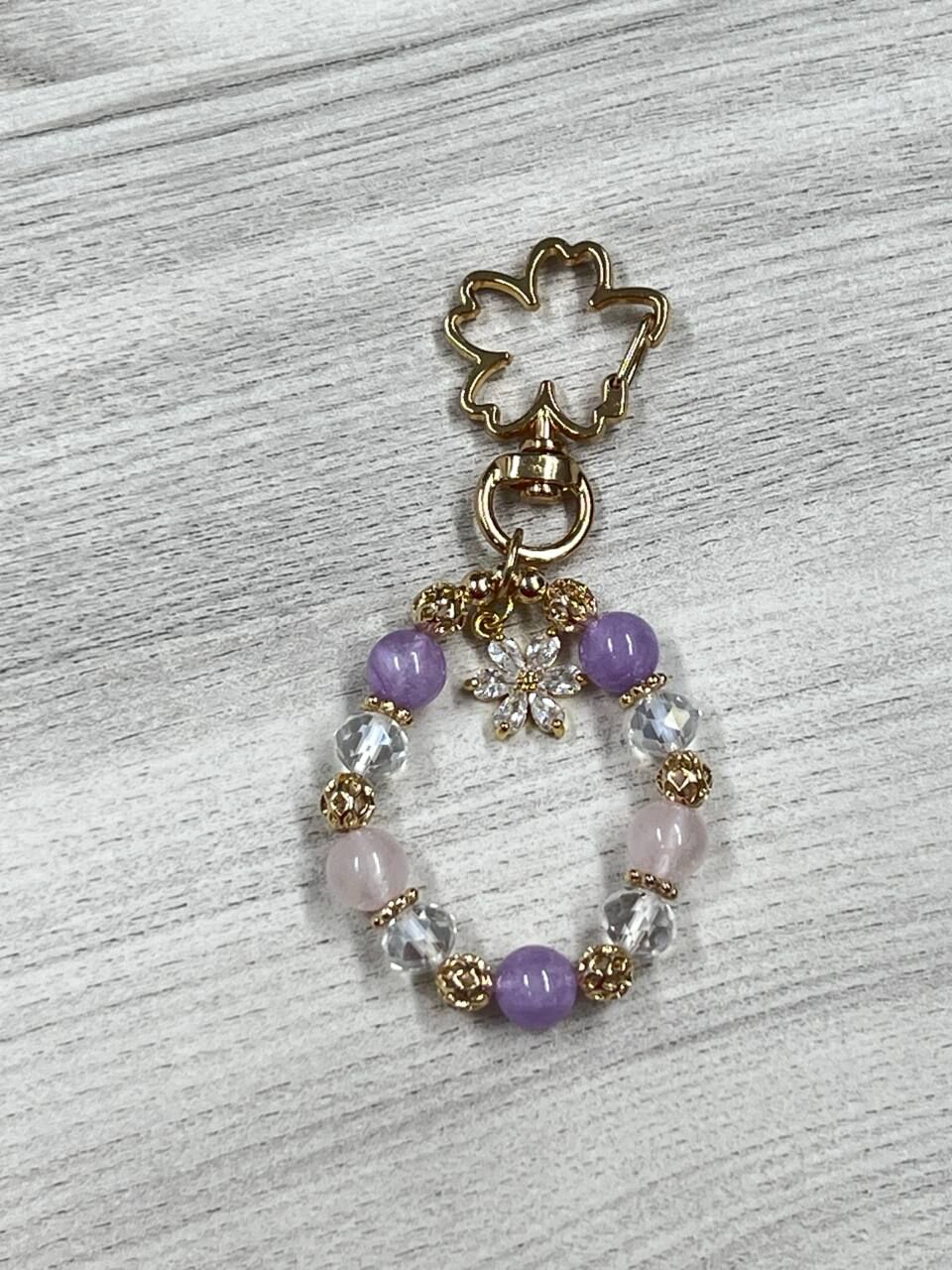 [S] GEMZ & CO ZBB ROSE QUARTZ/KUNZITE BAG CHARM WITH FLOWER, C125 (C125)