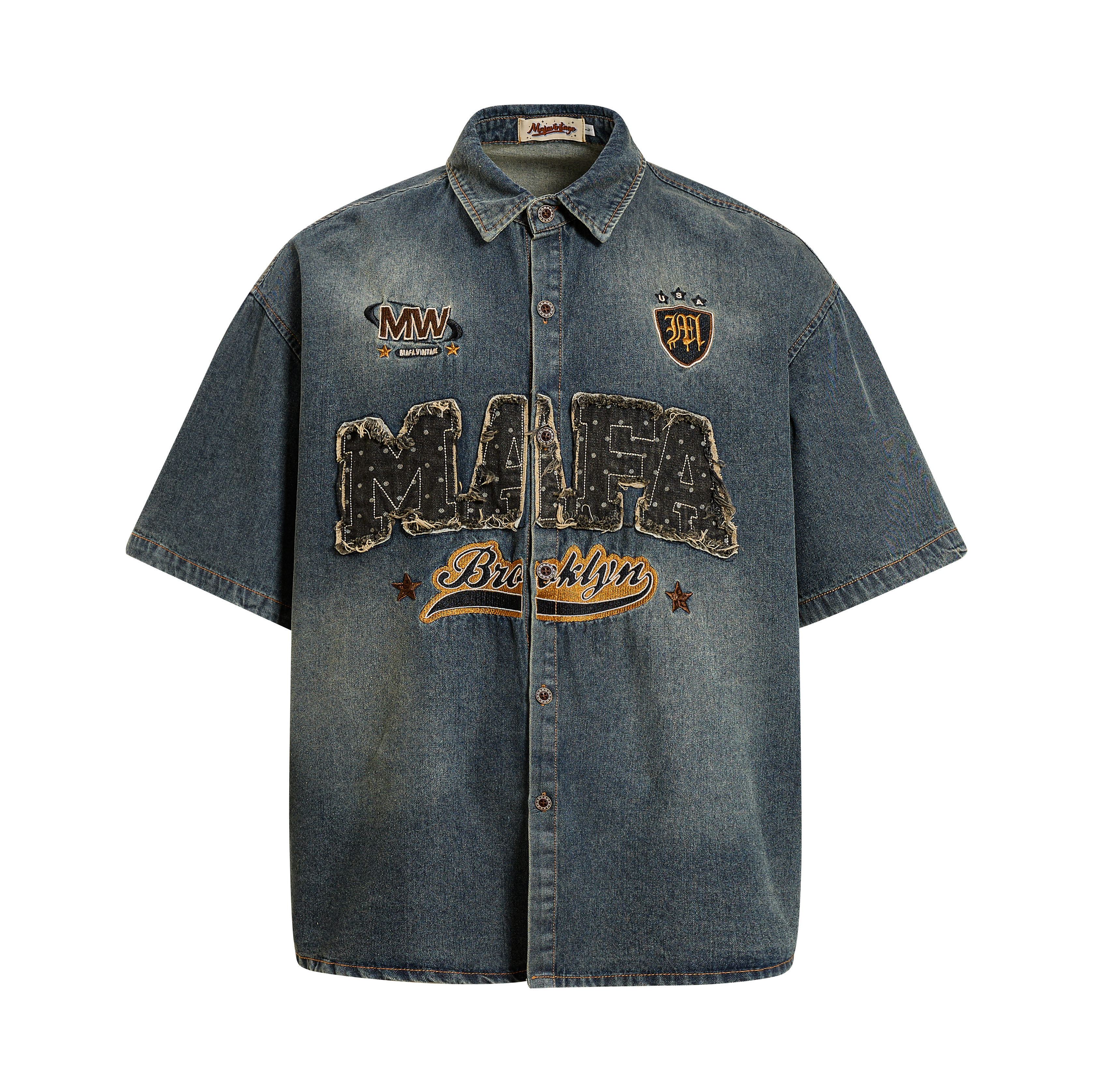 《S.V》MAFA圓點貼布作舊牛仔襯衫