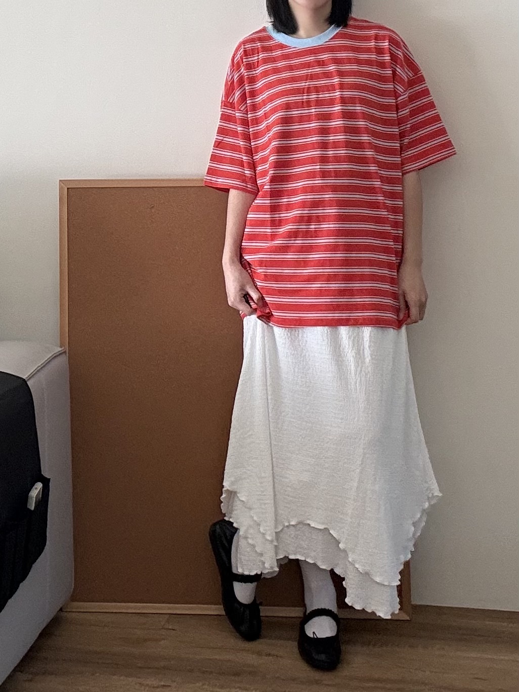 撞色領條紋上衣 (紅)