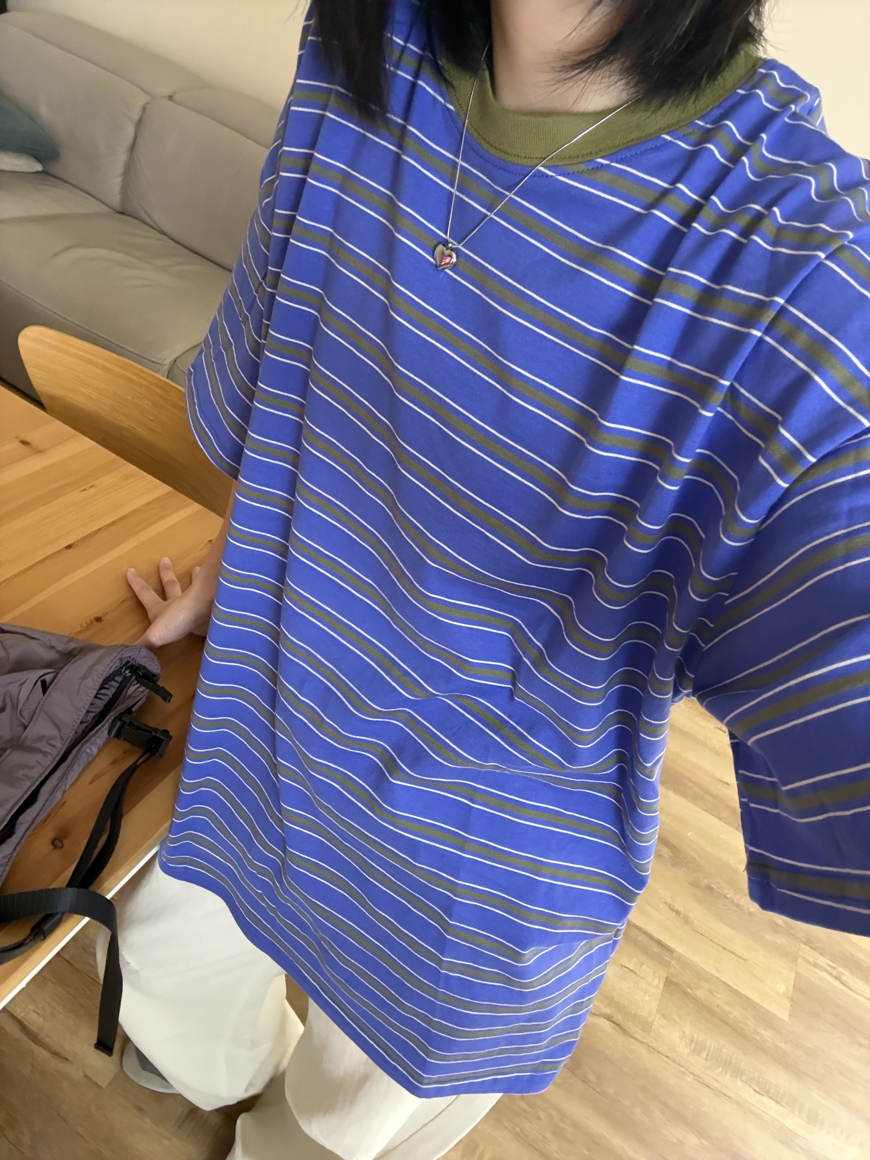 撞色領條紋上衣 (藍)