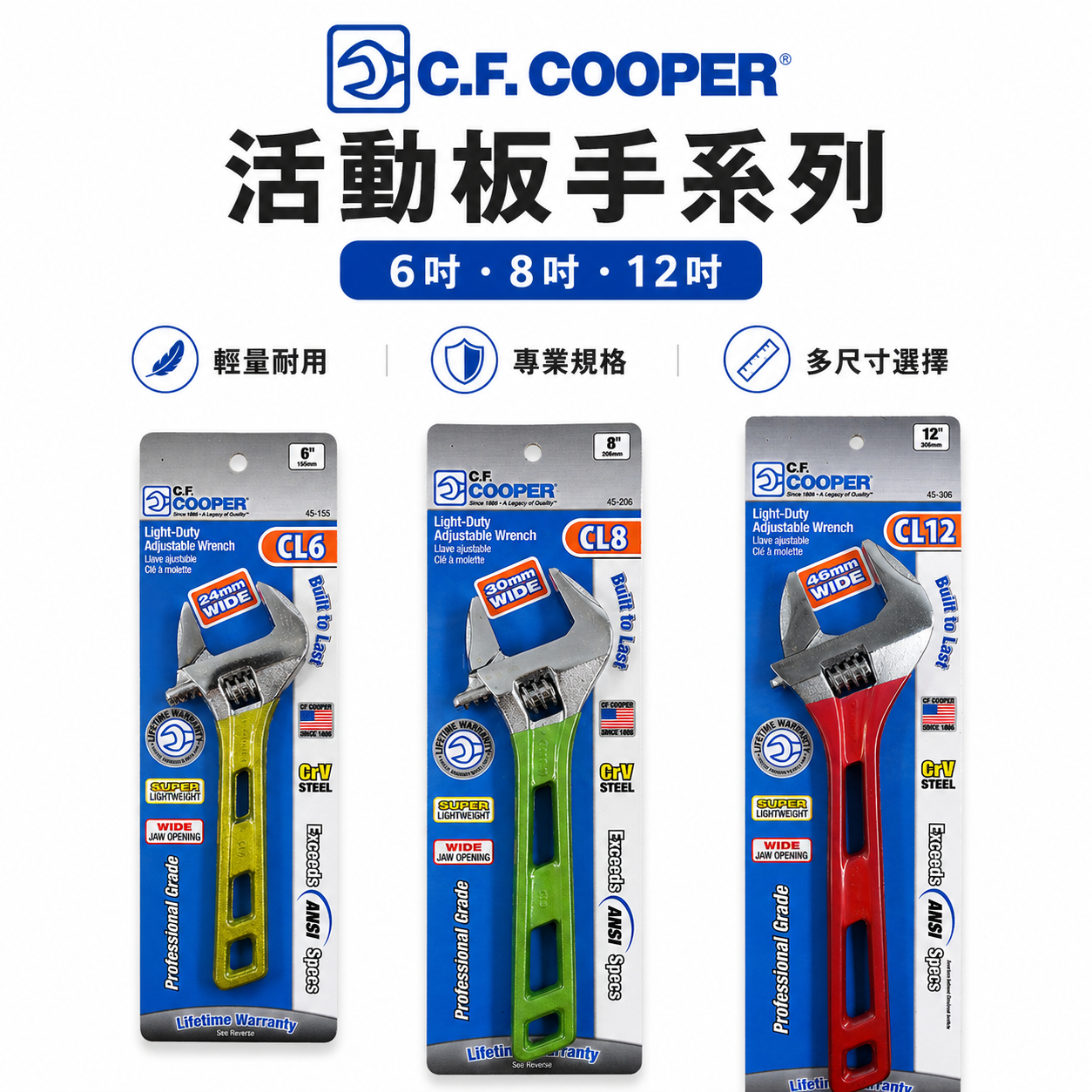 美國 C.F. COOPER｜膠柄活動板手｜輕量型大開口活動扳手｜6吋 CL6｜8吋 CL8｜12吋CL12
