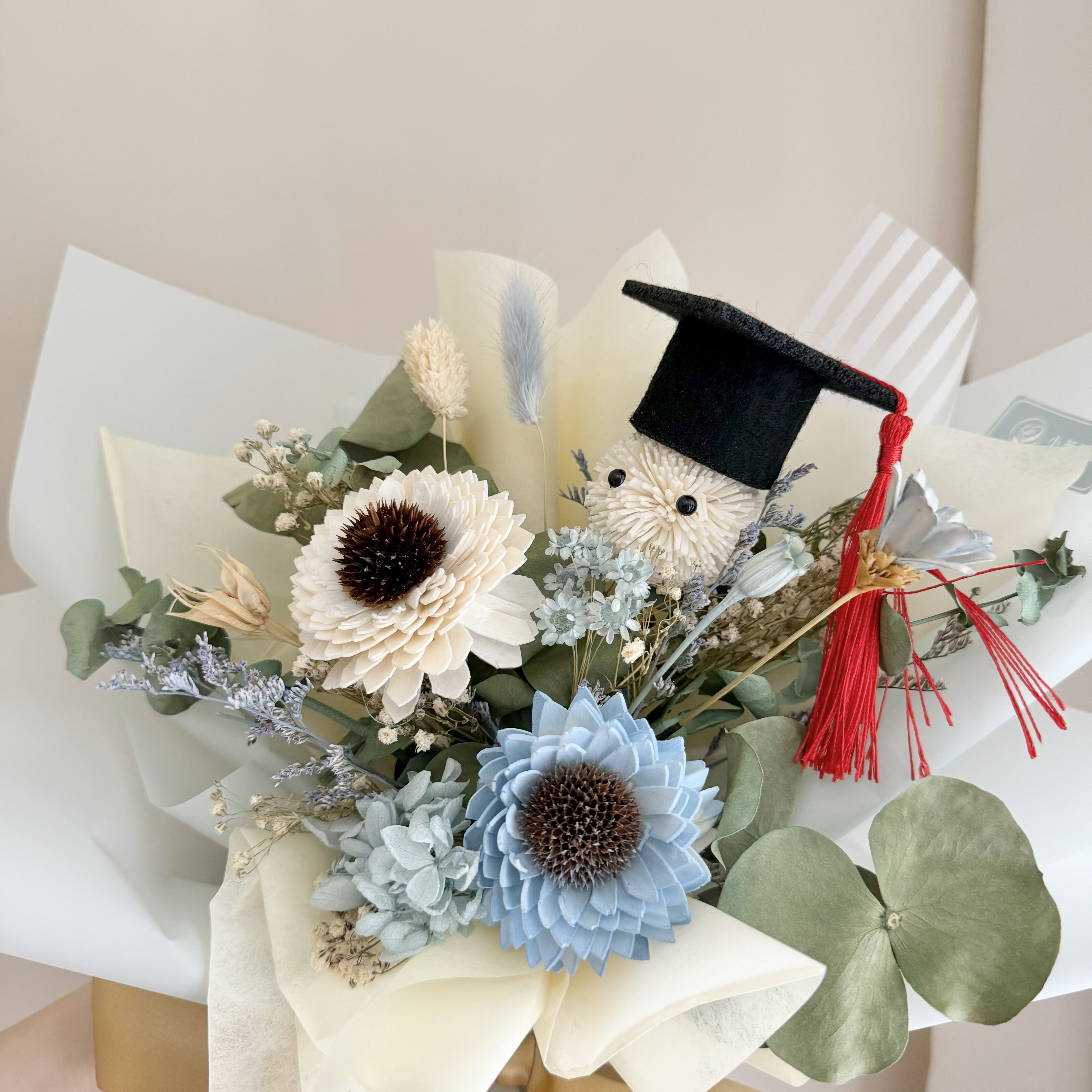 乾燥花束(藍色系/中型)【畢業小精靈】｜畢業花束、索拉向日葵
