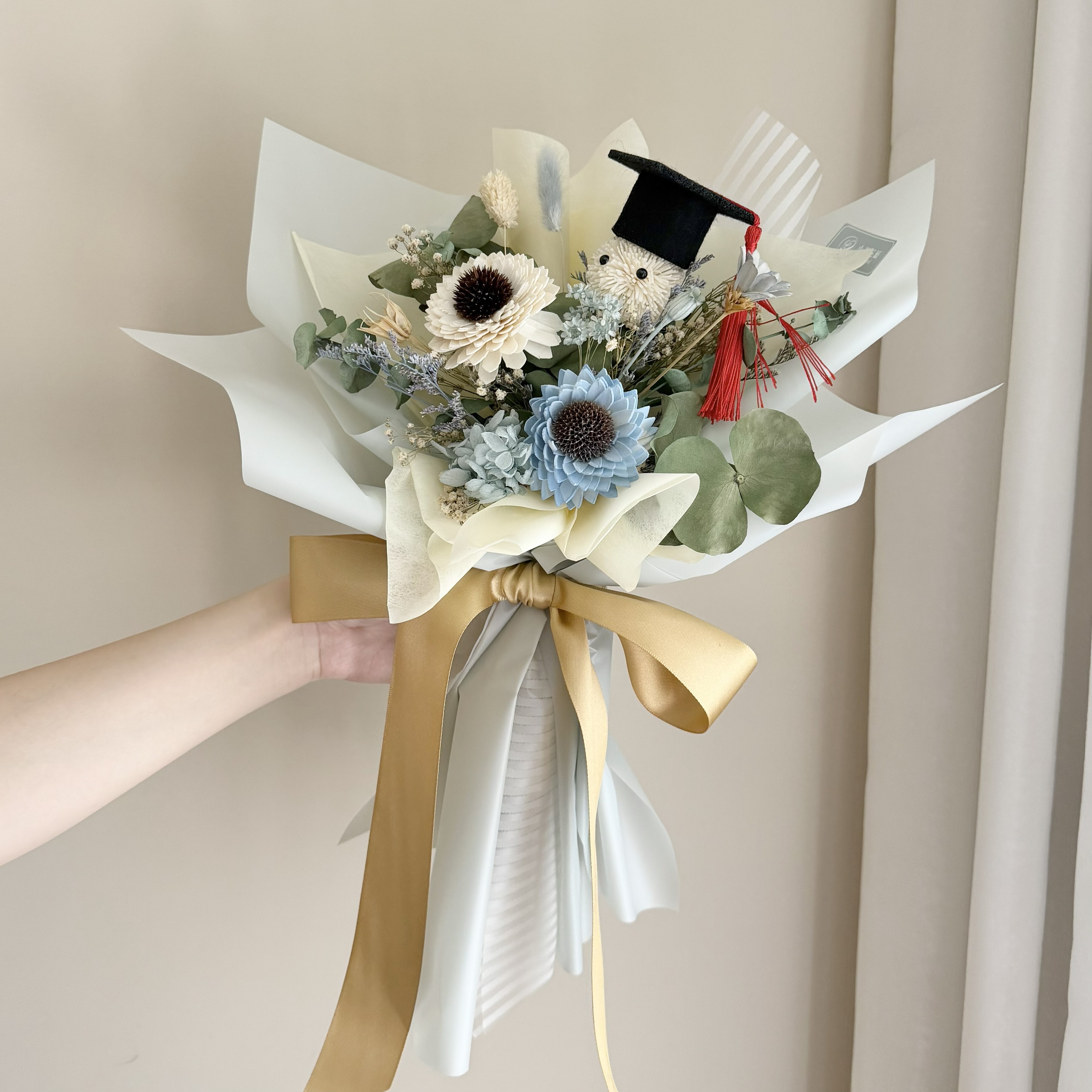 乾燥花束(藍色系/中型)【畢業小精靈】｜畢業花束、索拉向日葵