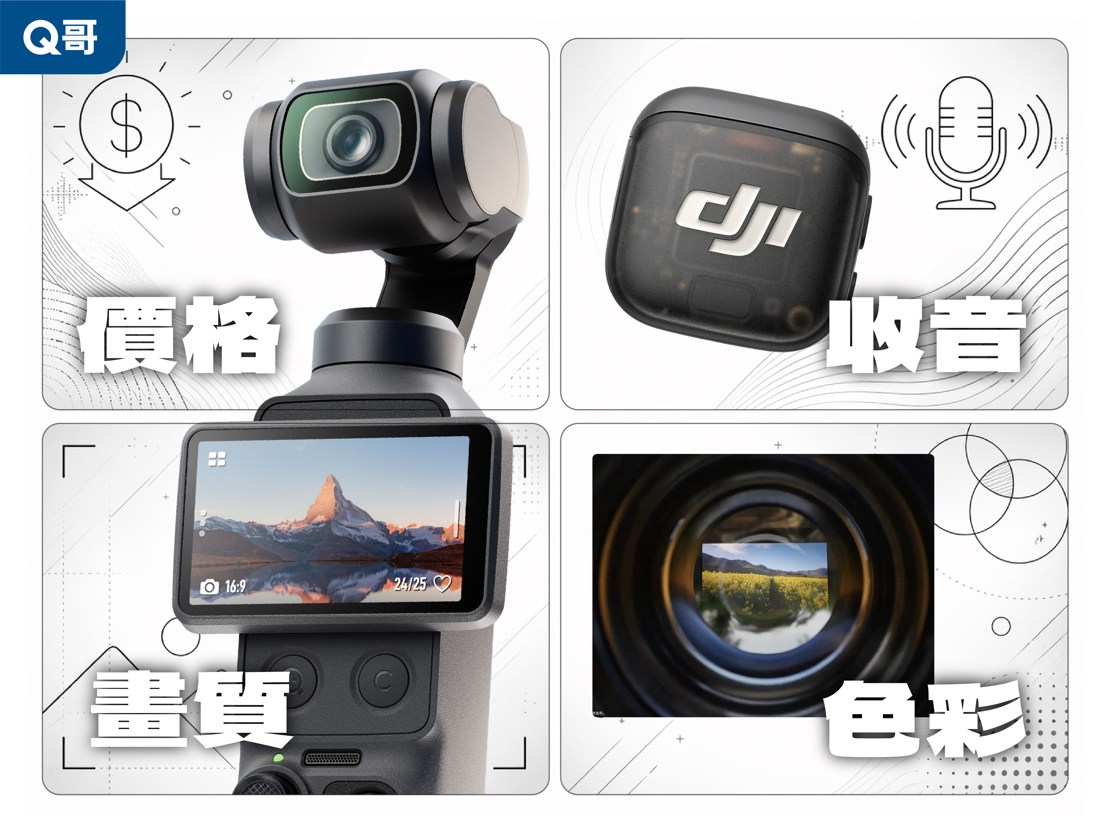 Q哥整理 DJI Pocket 4 四大升級亮點：不漲反降超佛價格、四軌收音神隊友、1 吋感光元件畫質與完整 D-Log 專業色彩。