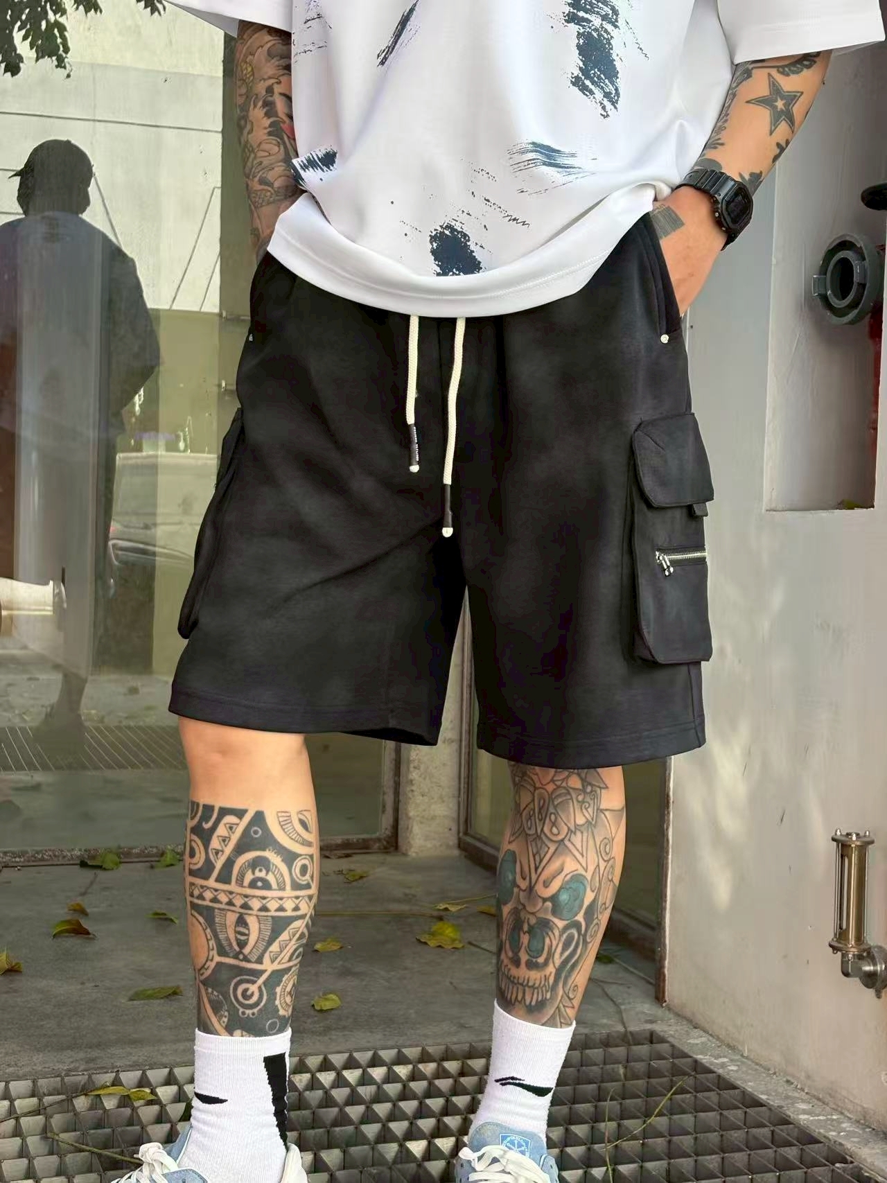 XCTRL 多口袋抽繩工裝短褲-黑