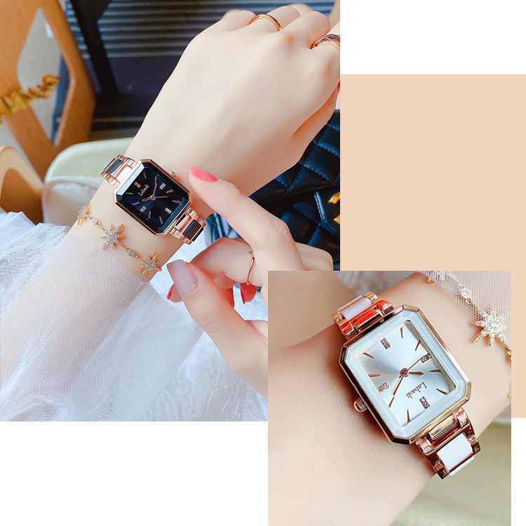 【Labaoli 娜寶麗】LA012L 方型典雅設計 輕陶瓷 撞色 手錶