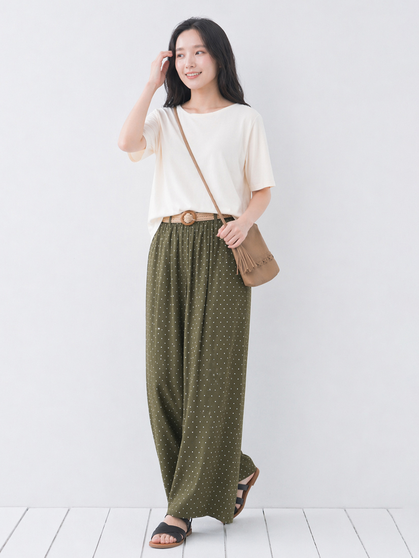 側邊抓褶連袖空氣棉上衣棉麻感點點九分寬褲組合