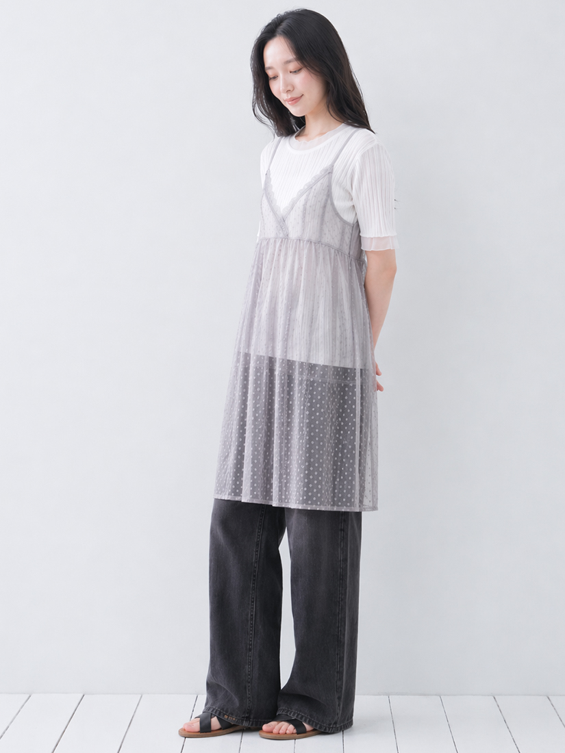 透視蕾絲背心羅紋涼感上衣天絲棉打褶寬褲組合