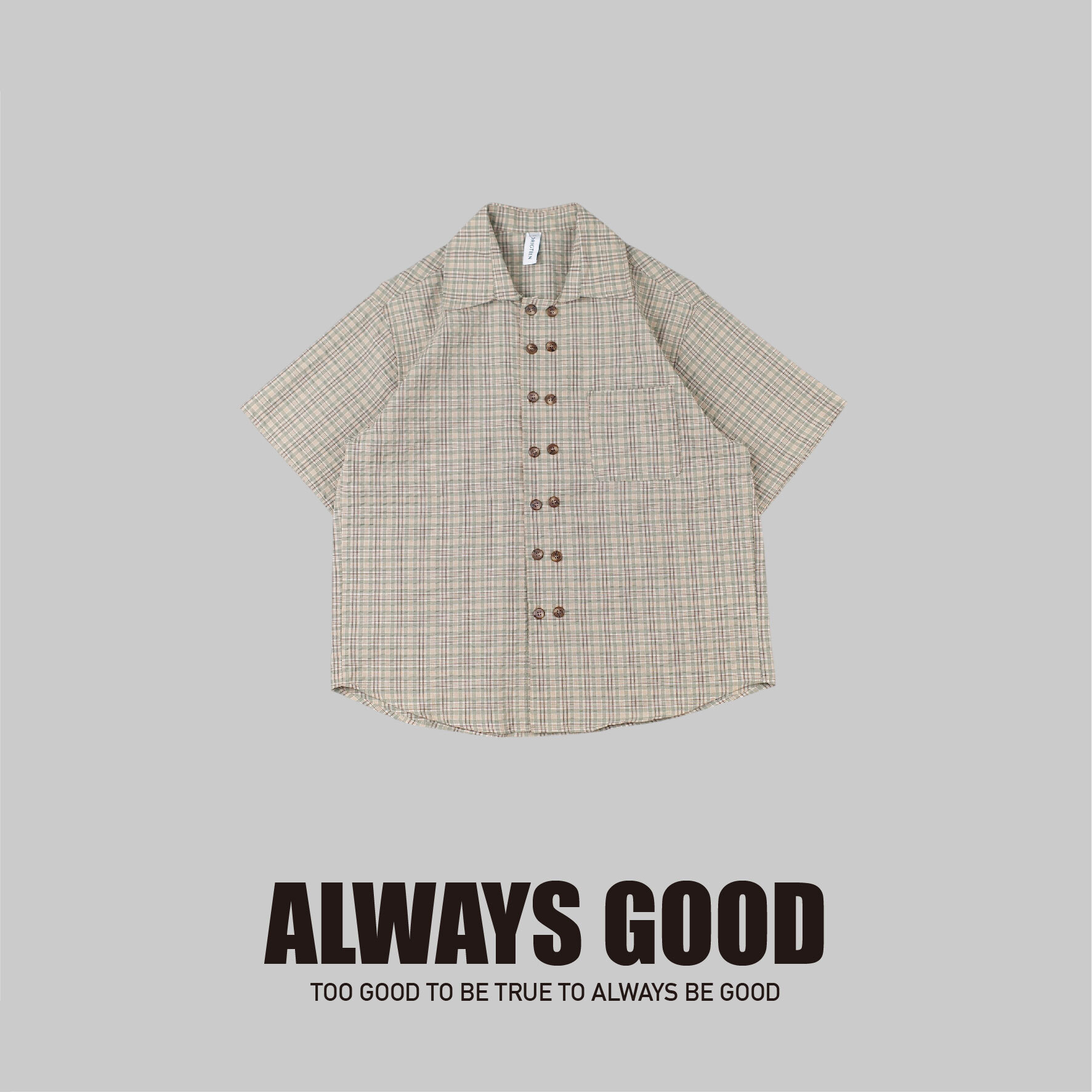 『Always_Good』復古 雙排扣 泡泡紗 格紋 短袖 襯衫