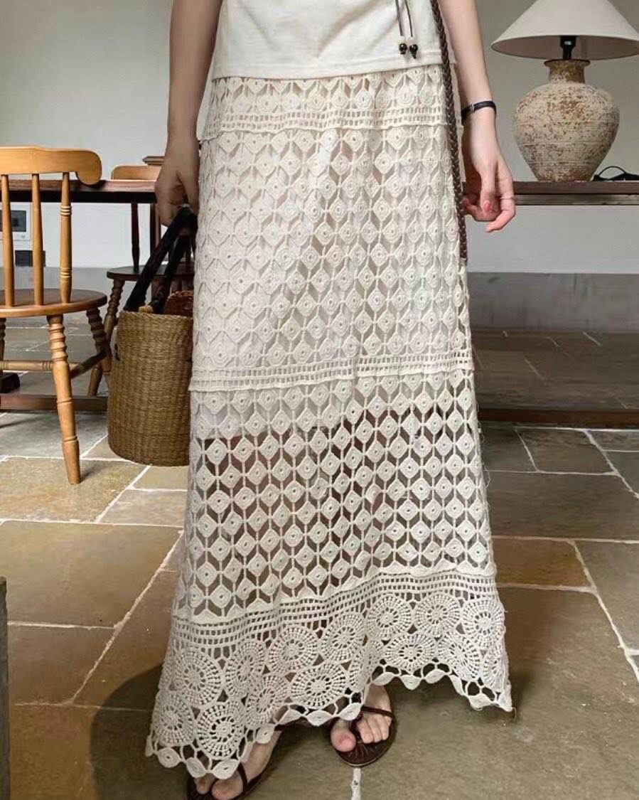 【浪漫氣質的布提花編織長裙】（現貨）