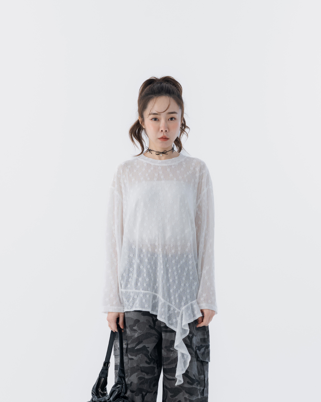 Sheer jacquard long-sleeved top with lace hem【01099755】in stock+pre-order