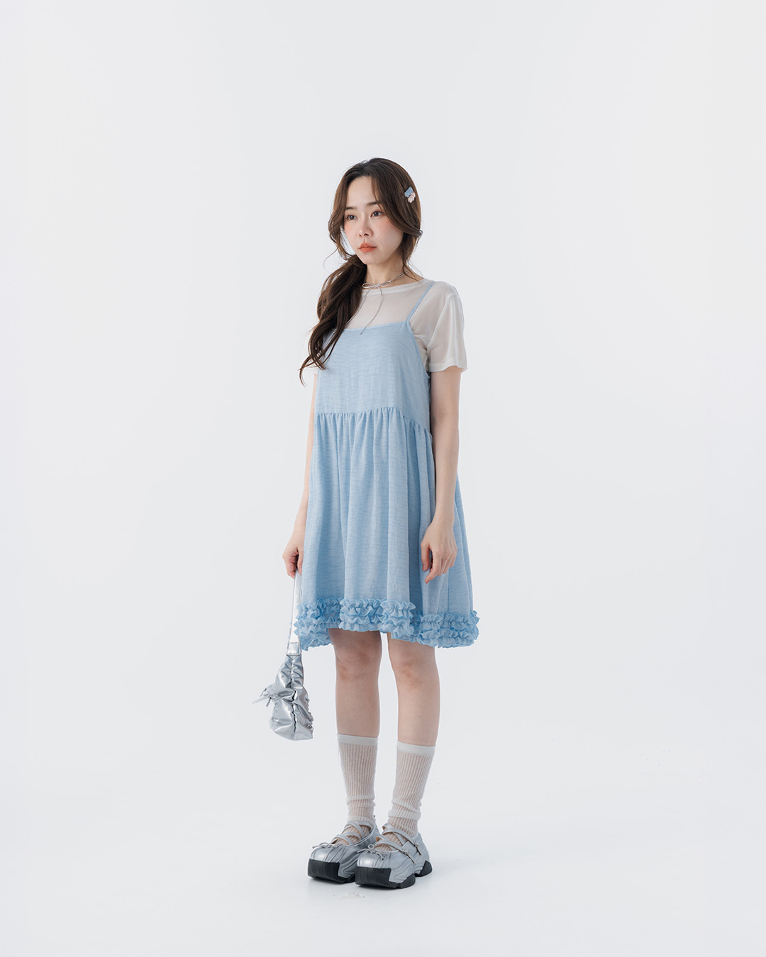 Plain textured hem, ruffled shoulder short dress, available in two colors.【01087257】in stock+pre-order
