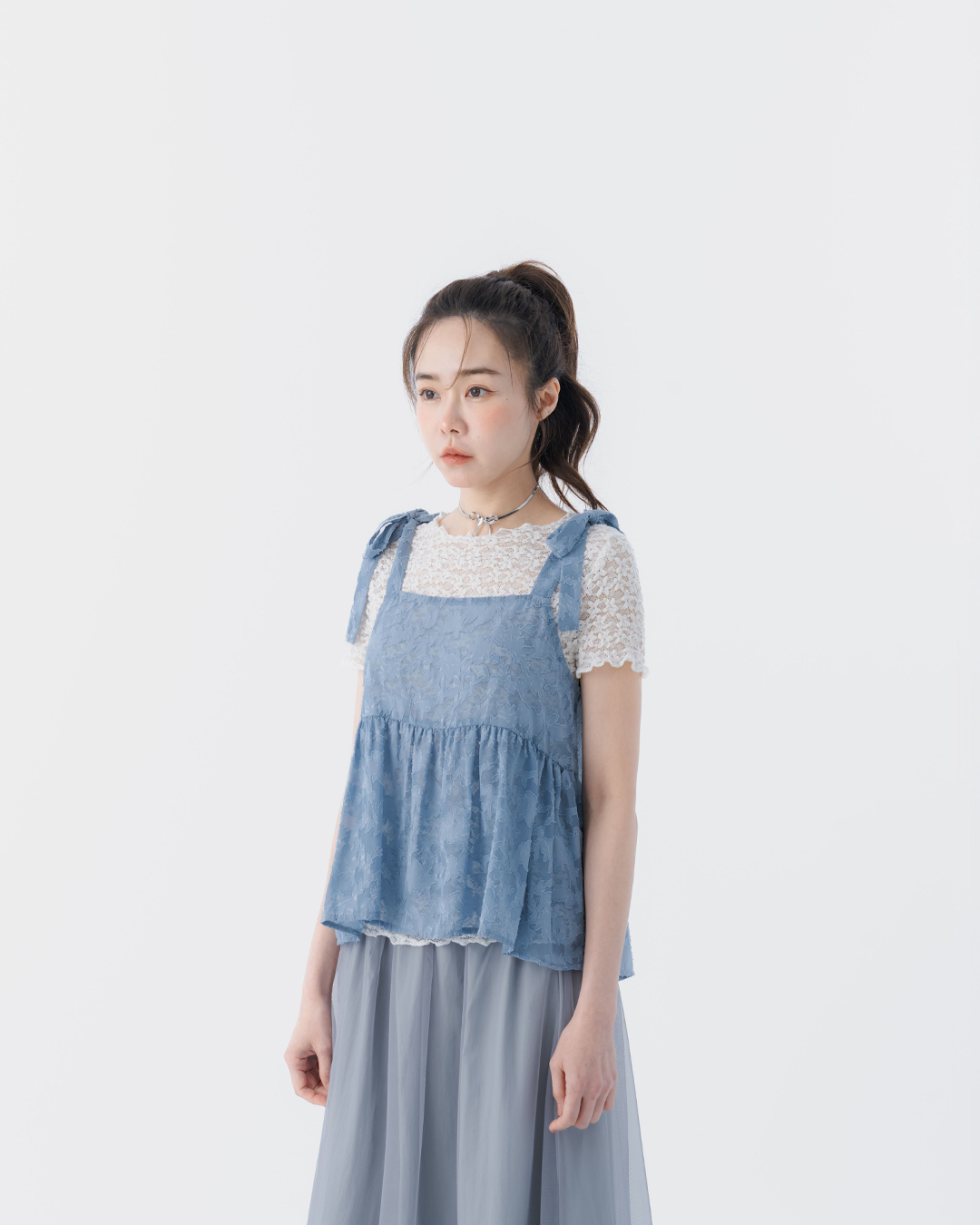 Jacquard sheer shoulder bow tie cover-up vest, available in three colors【01099527】in stock+pre-order