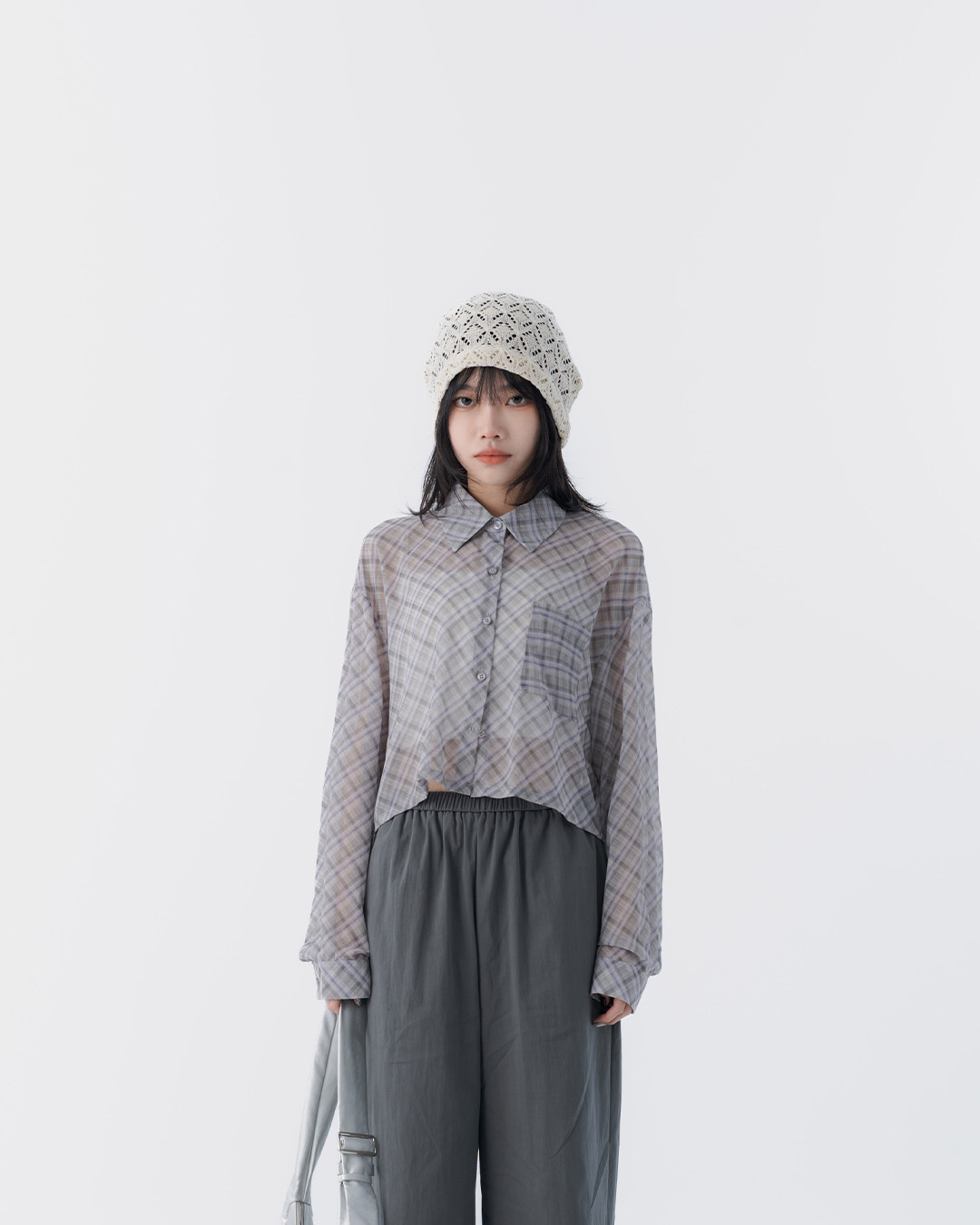 Checkered sheer long-sleeved cropped shirt, available in two colors.【01025726】in stock+pre-order