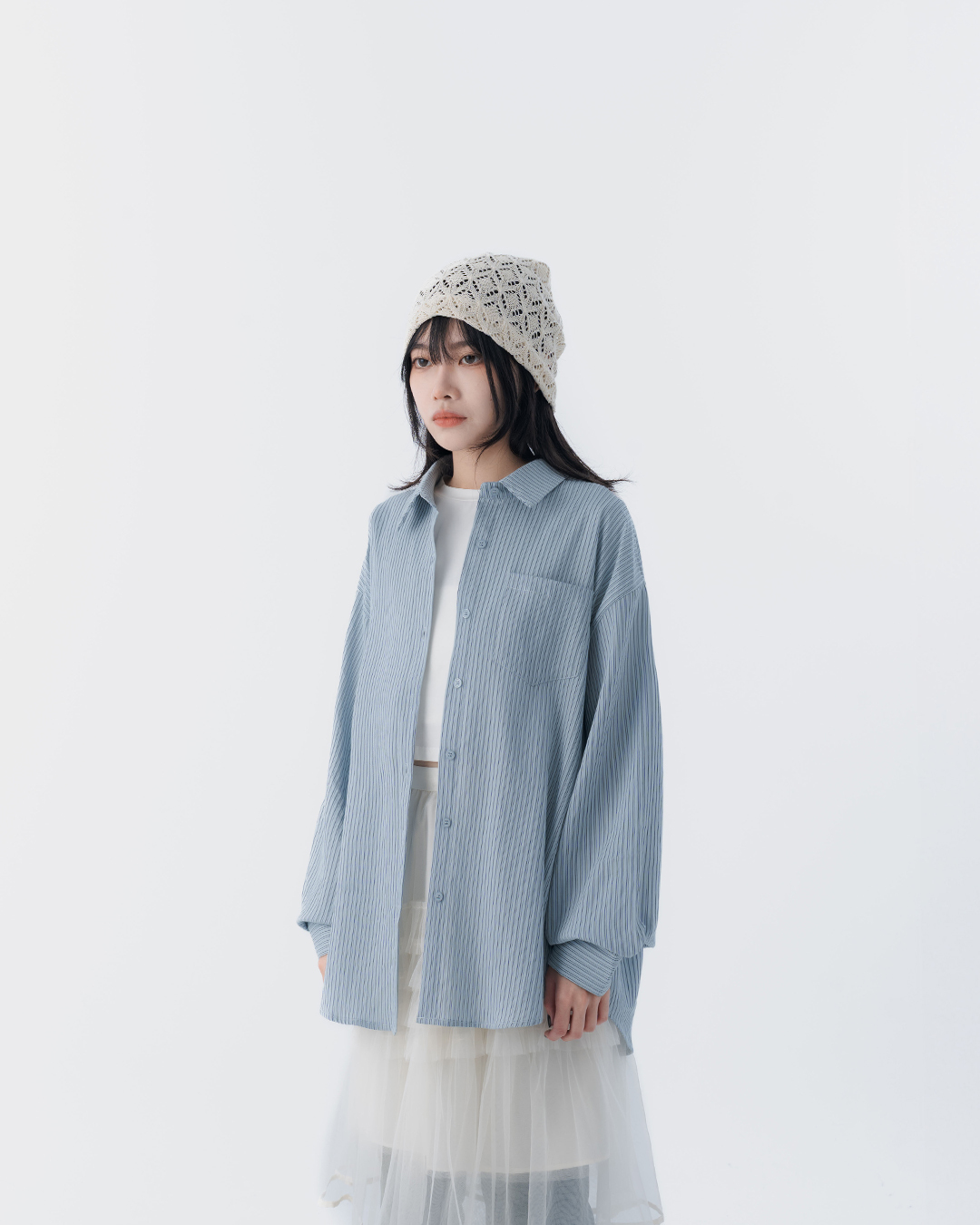 Striped single-pocket wide-sleeve long-sleeved shirt, available in two colors.【01025754】in stock+pre-order