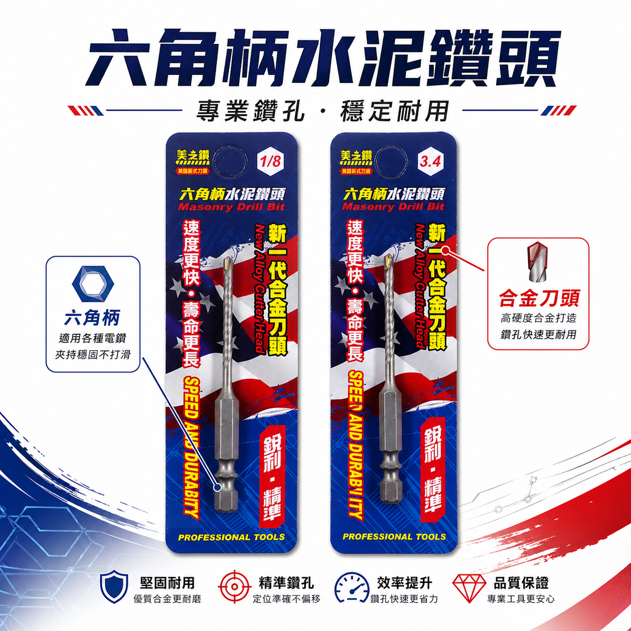 美之鑽｜1/8" 3.4mm｜六角柄萬用水泥鑽尾 六角軸水泥鑽頭 金屬拋光石英磚混凝土高張力螺絲用鑽頭