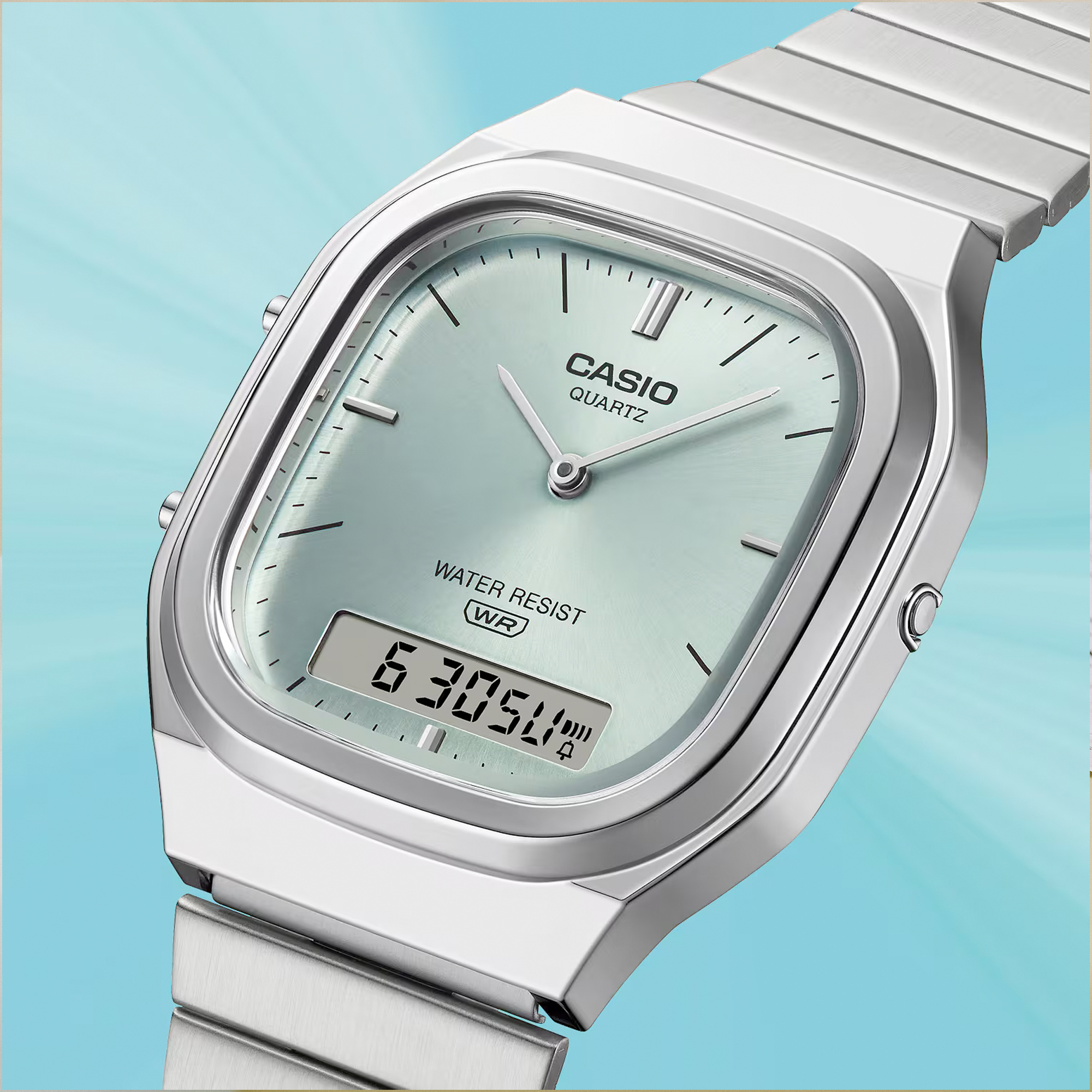 CASIO AQ-240E-2A 冰藍色 雙顯 方形 復古錶