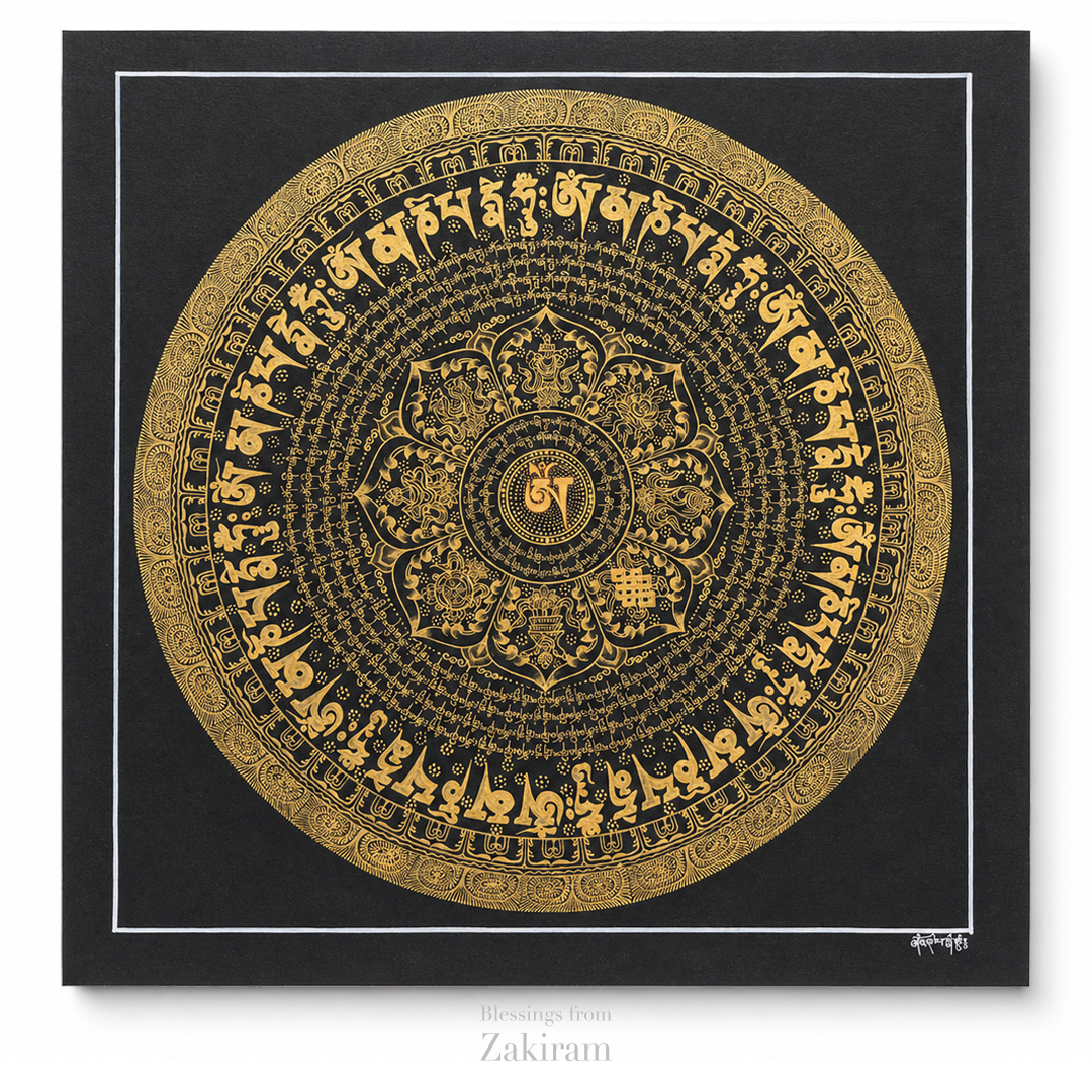 靈赫宮 大幅唐卡 004 長寬約54*54 黑色八吉祥4圈心經*12
