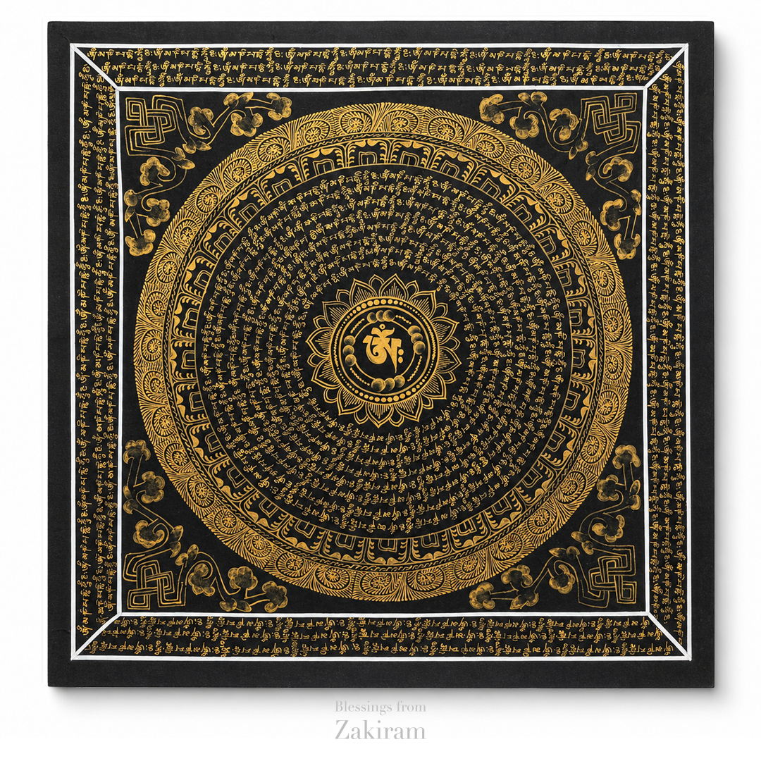 靈赫宮 大幅唐卡 006 長寬約56*56 黑色蓮花8圈心經*2