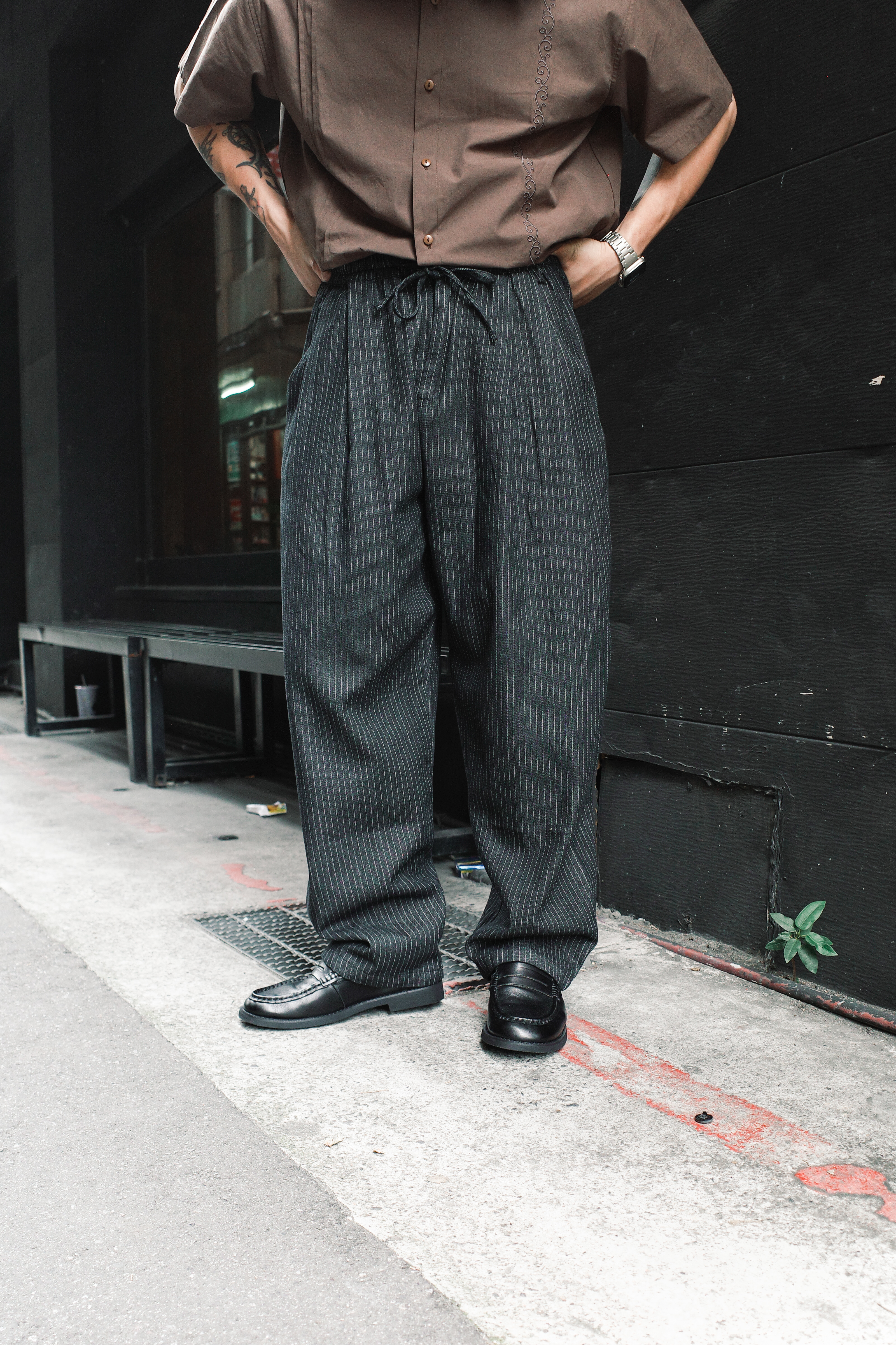 『Always_Good』復古 直條紋 抽繩 鬆緊帶 長褲