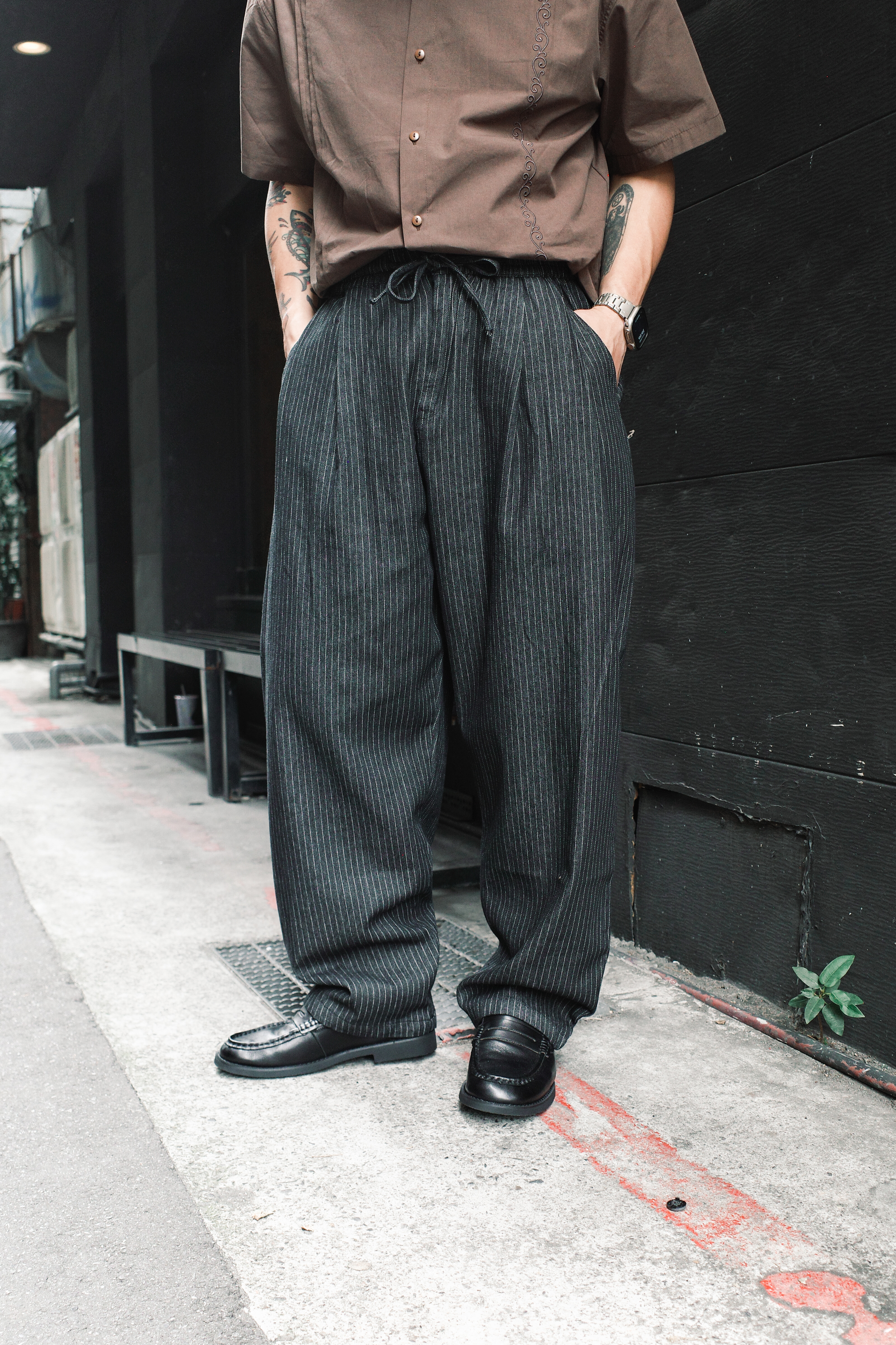 『Always_Good』復古 直條紋 抽繩 鬆緊帶 長褲