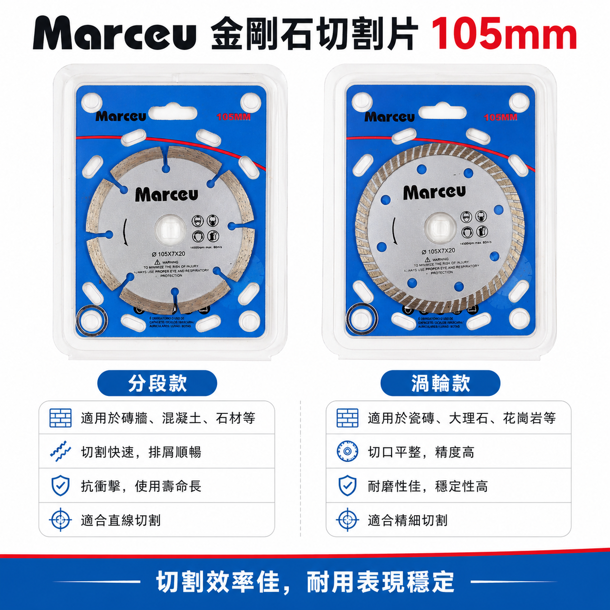 MARCEU｜4" 銀色鑽石鋸片 切石機切割片 切斷片 2mm 水泥切片 4吋 鑽石切片｜經濟型｜開口｜密合