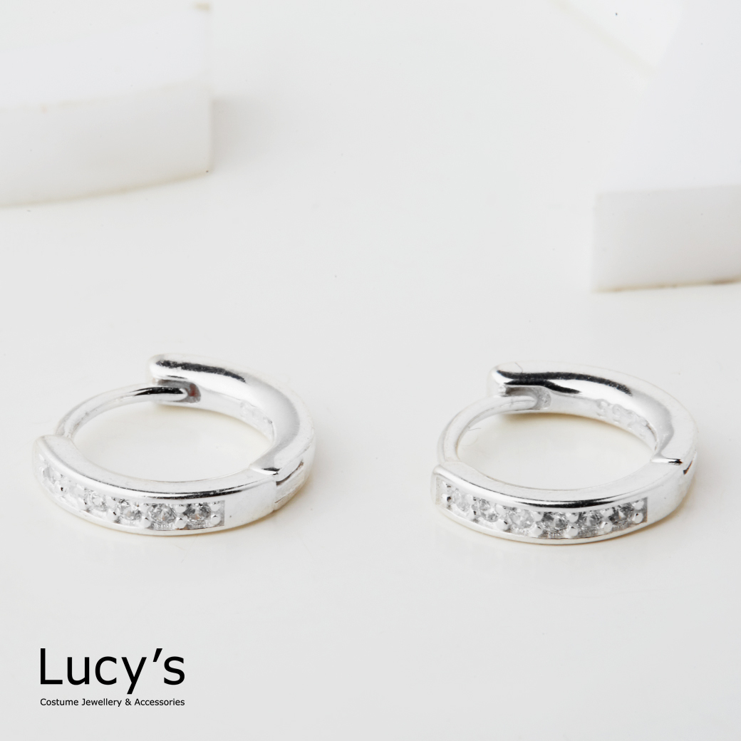 925純銀 半排鑽小圈 易扣耳環 (127919)