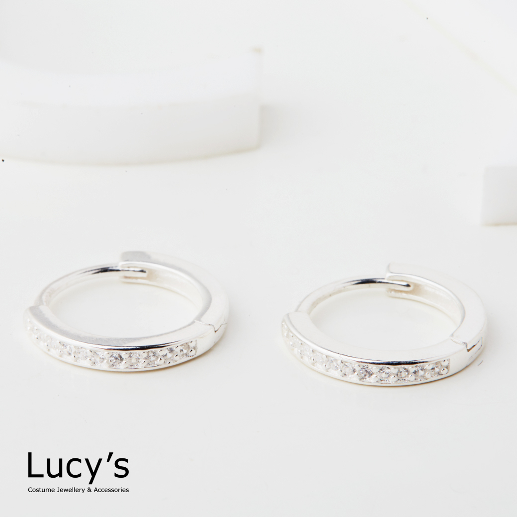 925純銀 半排鑽圓圈 易扣耳環 (127138)