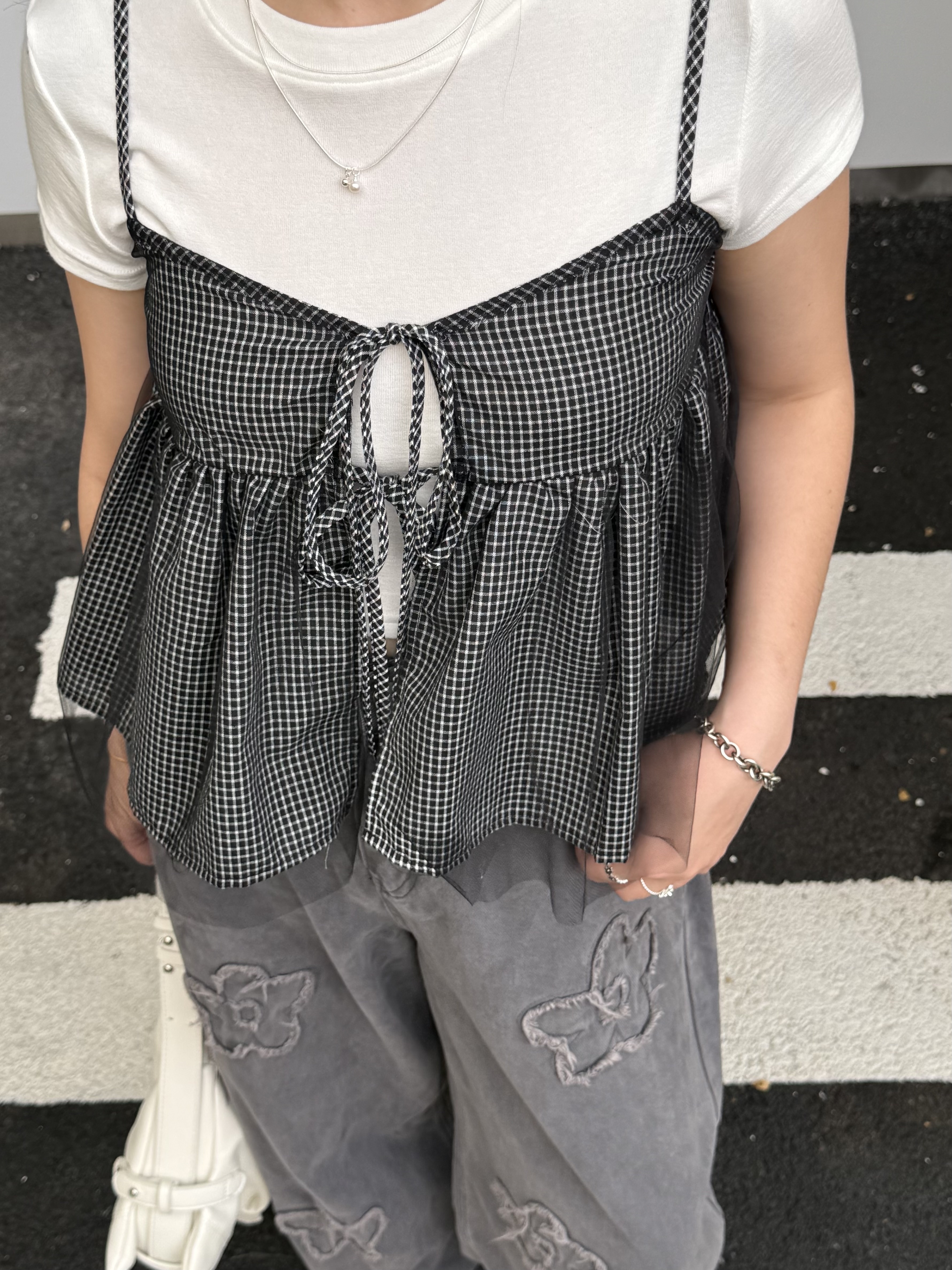 雙層格子綁帶罩衫