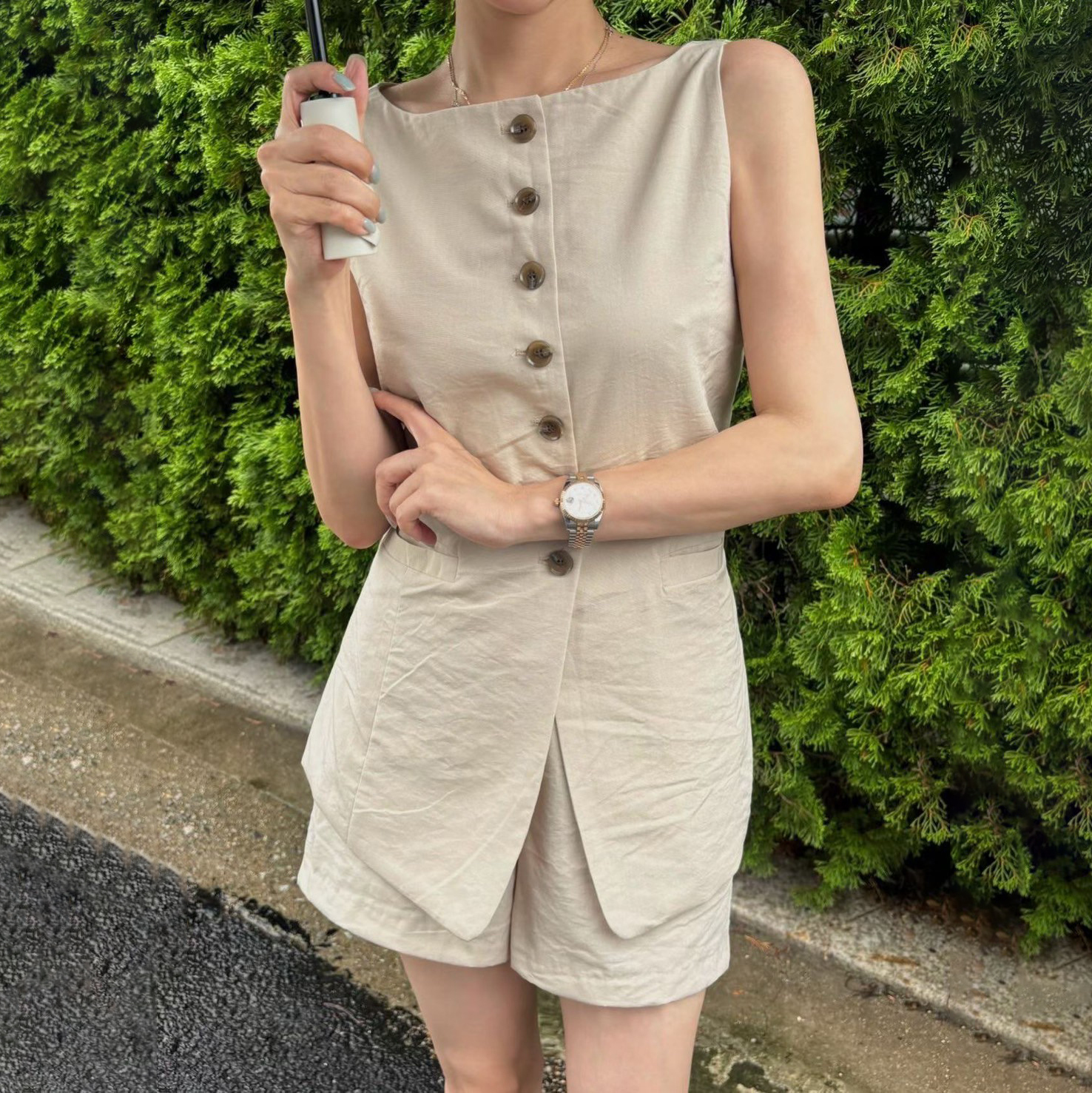 後收腰圓領排釦棉麻背心+短褲SET / 3色