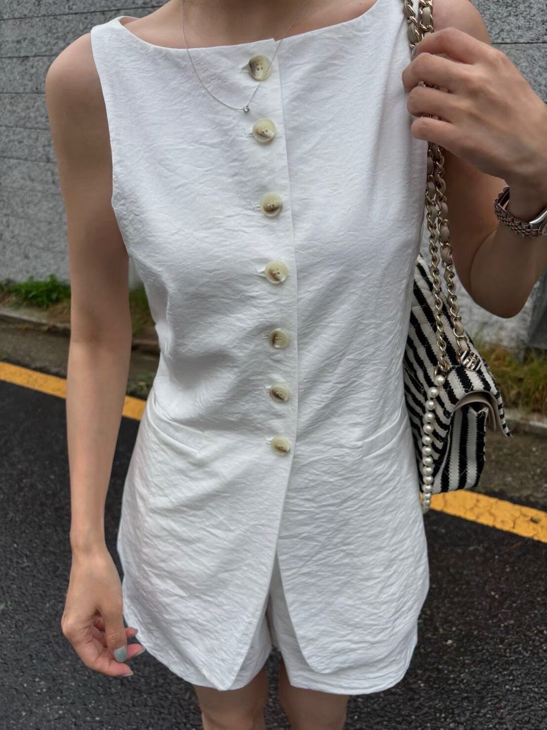 後收腰圓領排釦棉麻背心+短褲SET / 3色