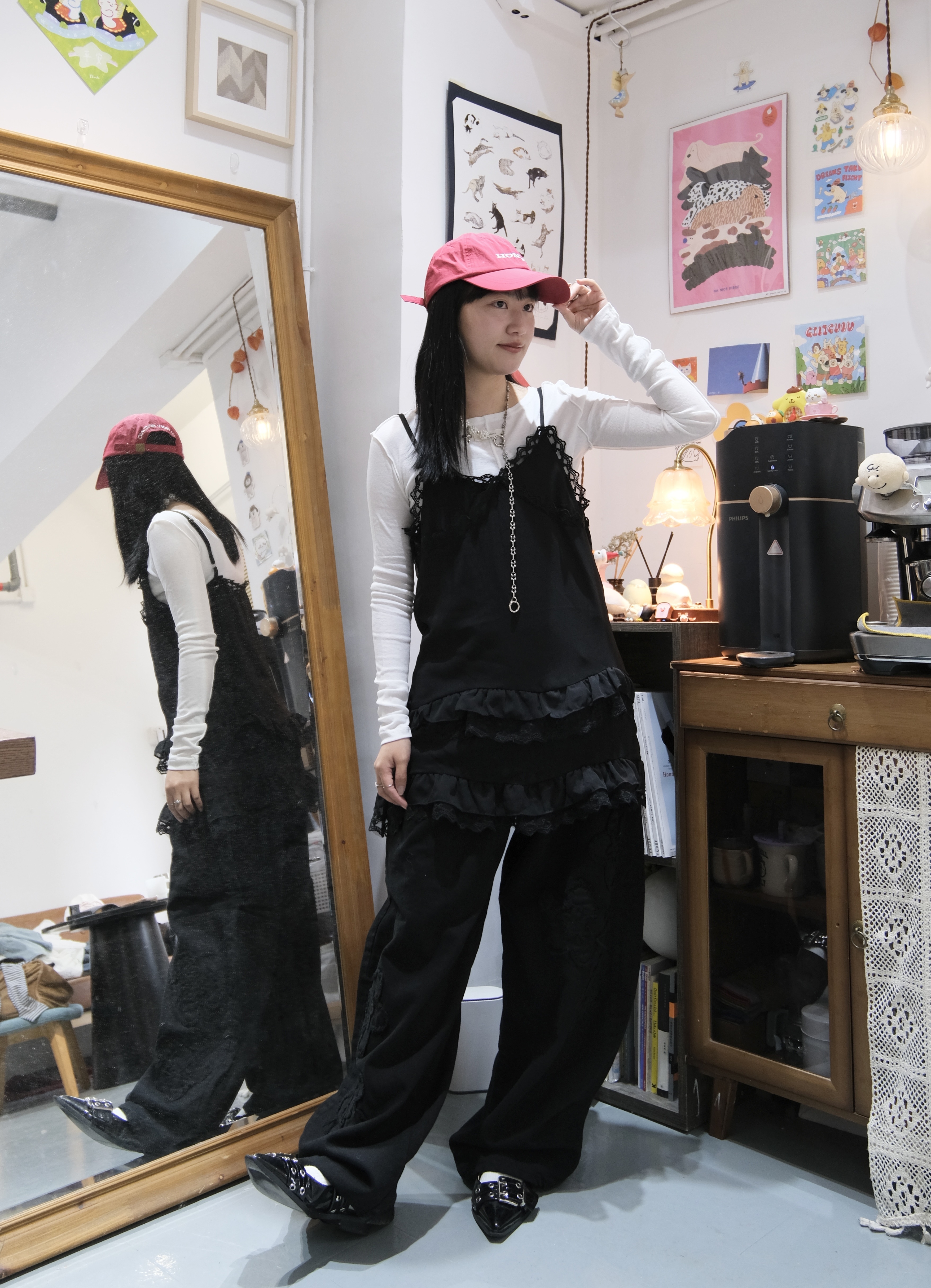 胸罩式拼lace邊中長Layer (Black)