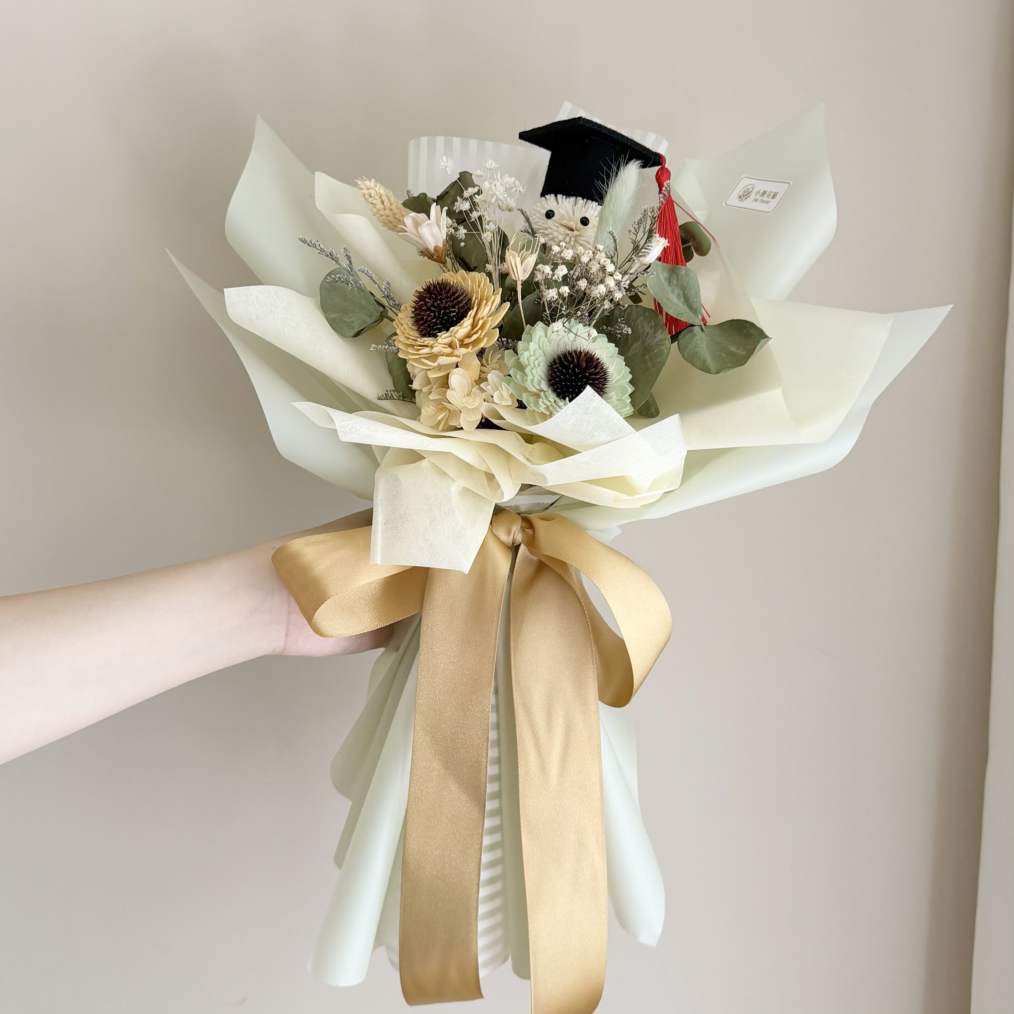 乾燥花束(綠色系/中型)【畢業小精靈】｜畢業花束、索拉向日葵