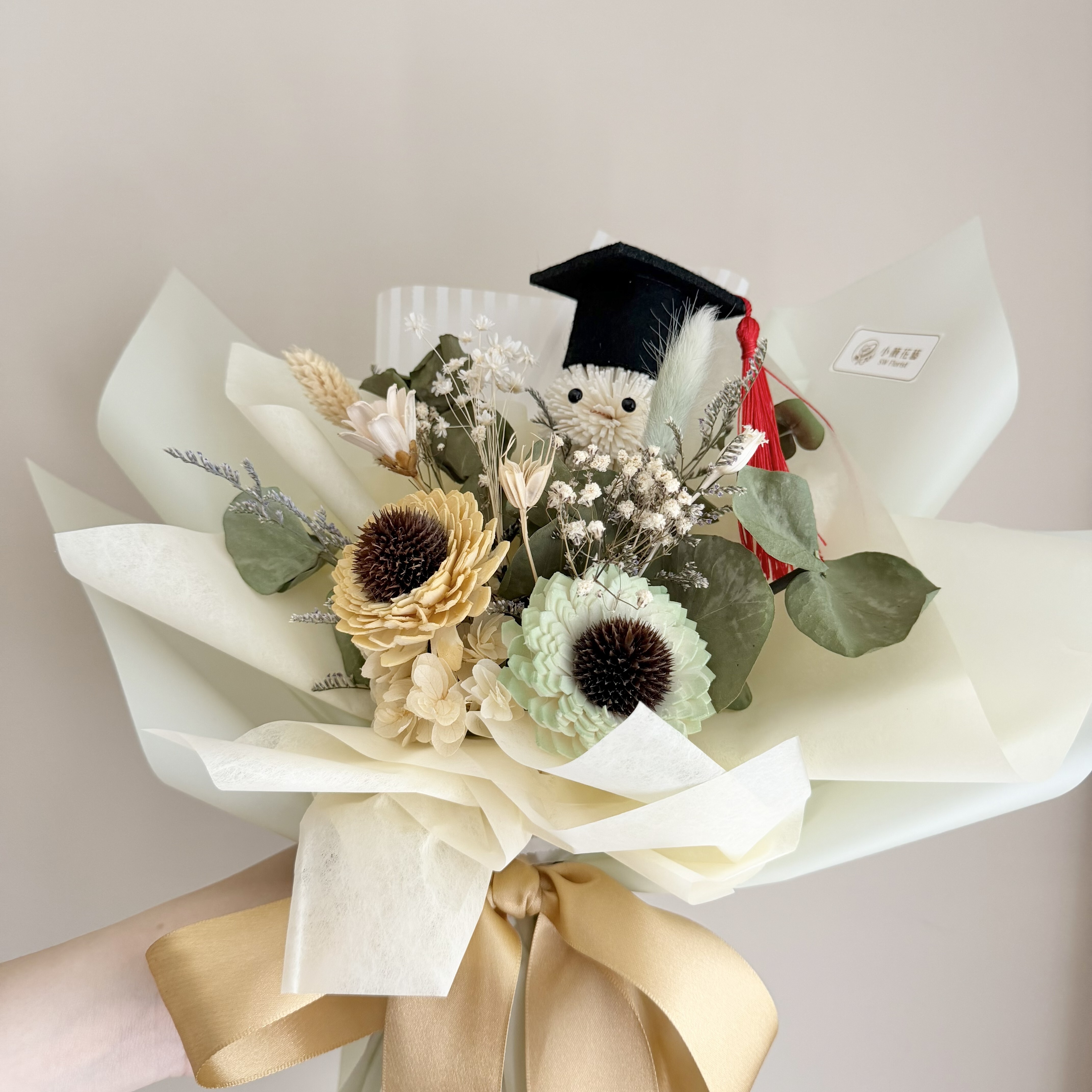 乾燥花束(綠色系/中型)【畢業小精靈】｜畢業花束、索拉向日葵