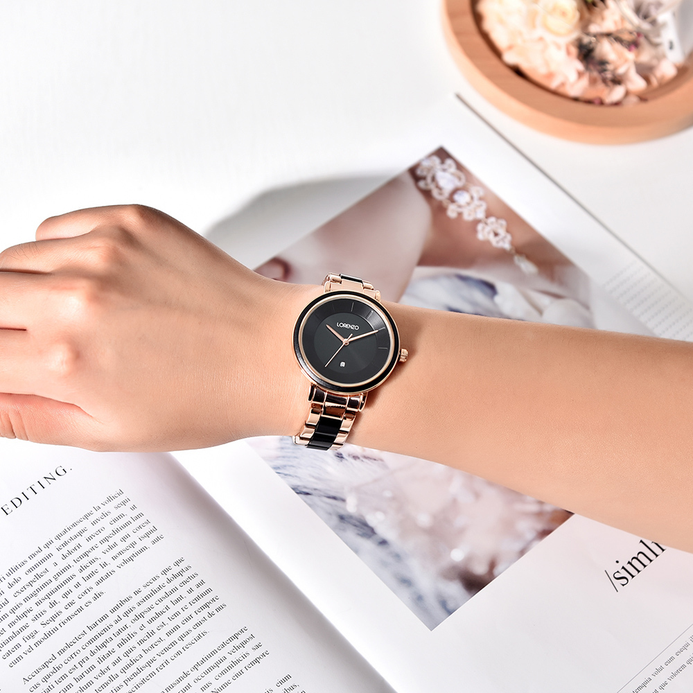 【Lorenzo 洛倫佐】LRZ-007 文青氣質 帶日期 輕陶瓷風 撞色 手錶