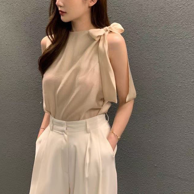 單邊綁帶蝴蝶結造型圓領無袖上衣 / 3色