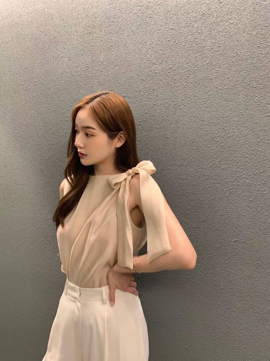 單邊綁帶蝴蝶結造型圓領無袖上衣 / 3色