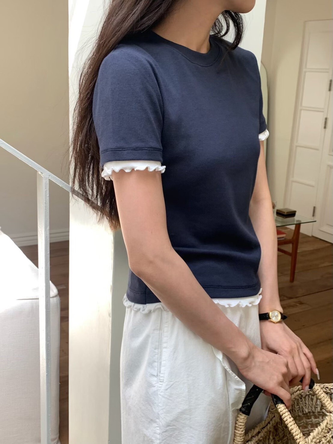 白色木耳捲邊滾邊造型圓領棉TEE / 3色