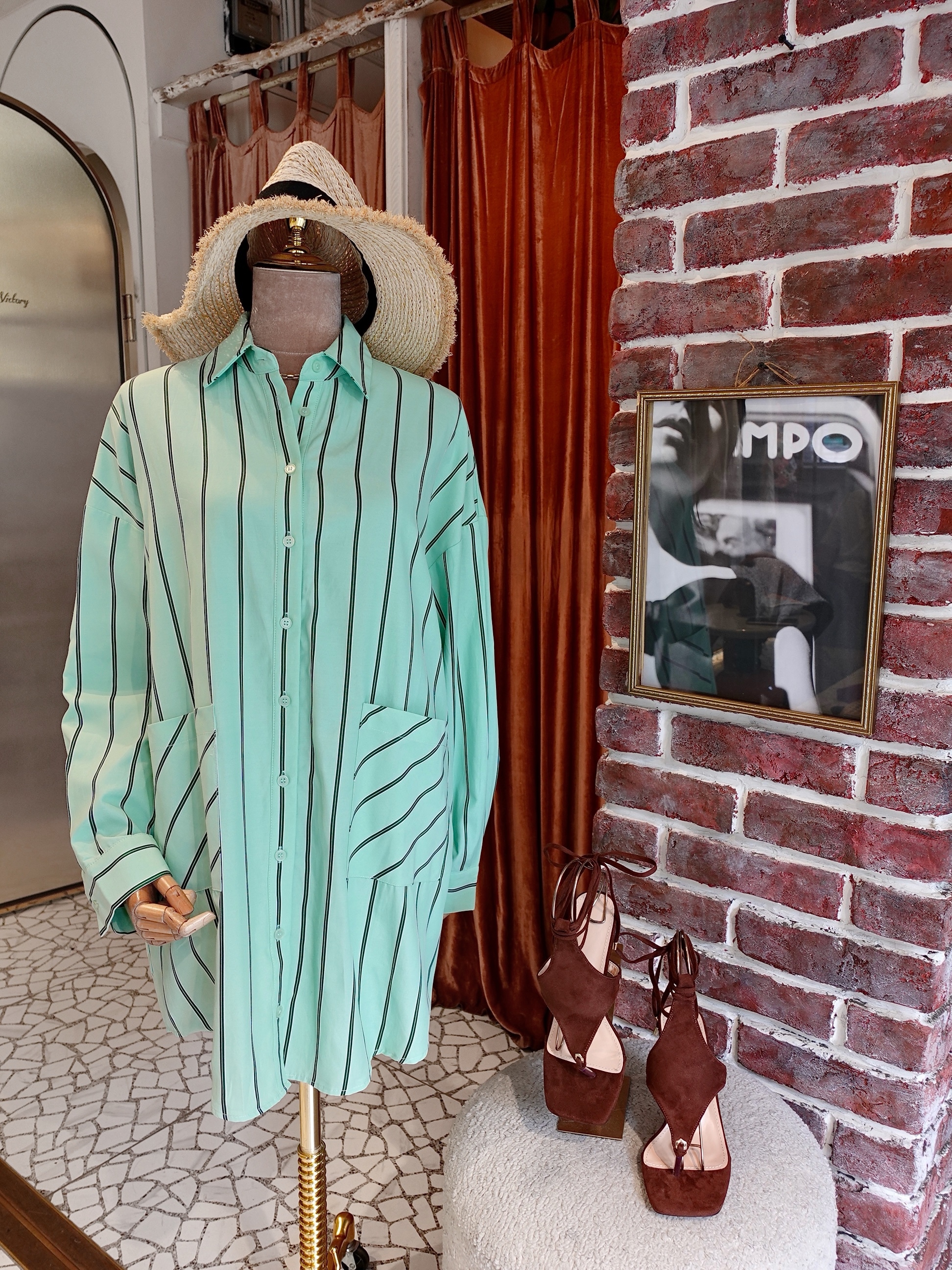 Mint Green薄荷綠色直紋襯衫洋装