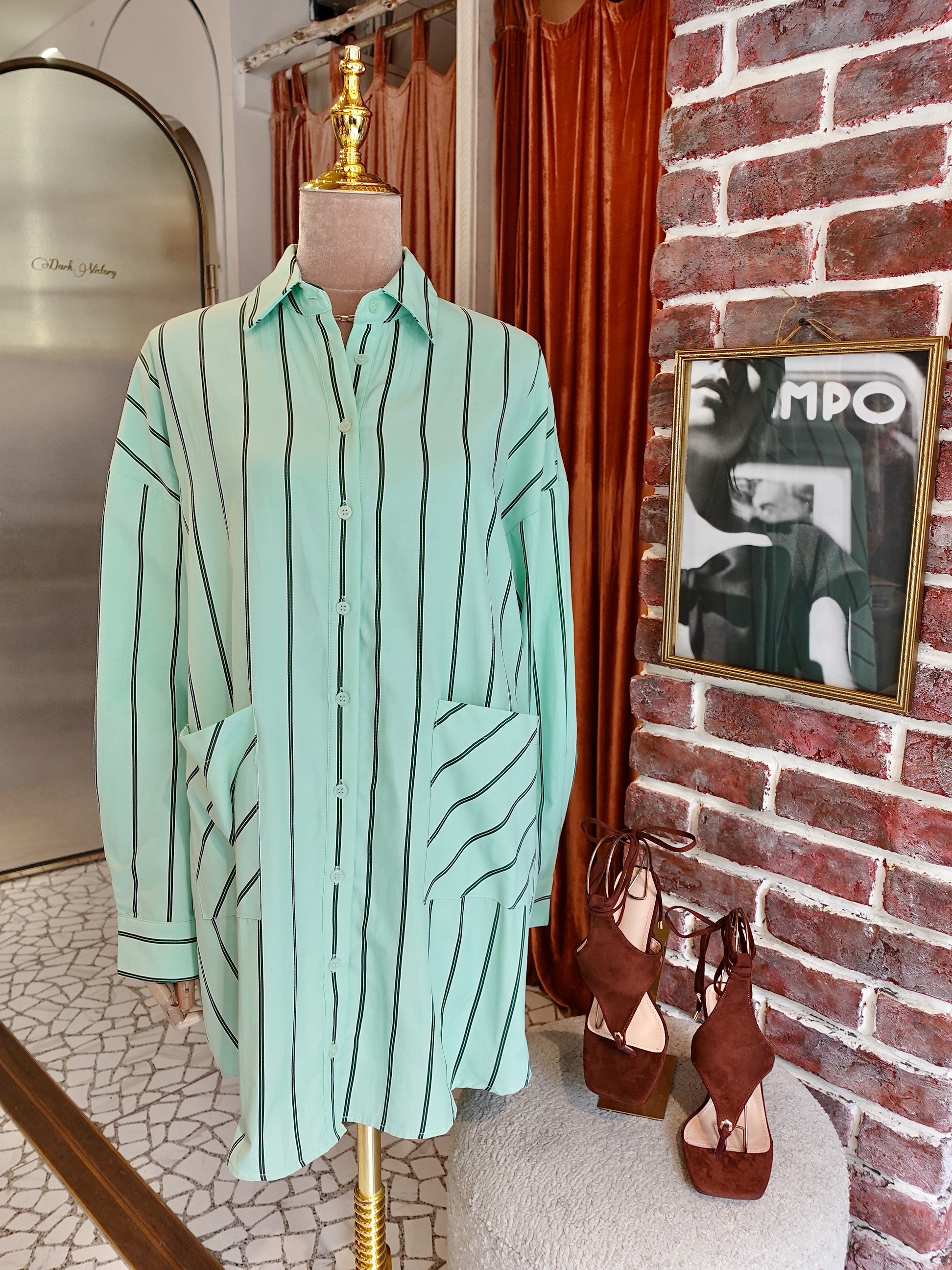 Mint Green薄荷綠色直紋襯衫洋装