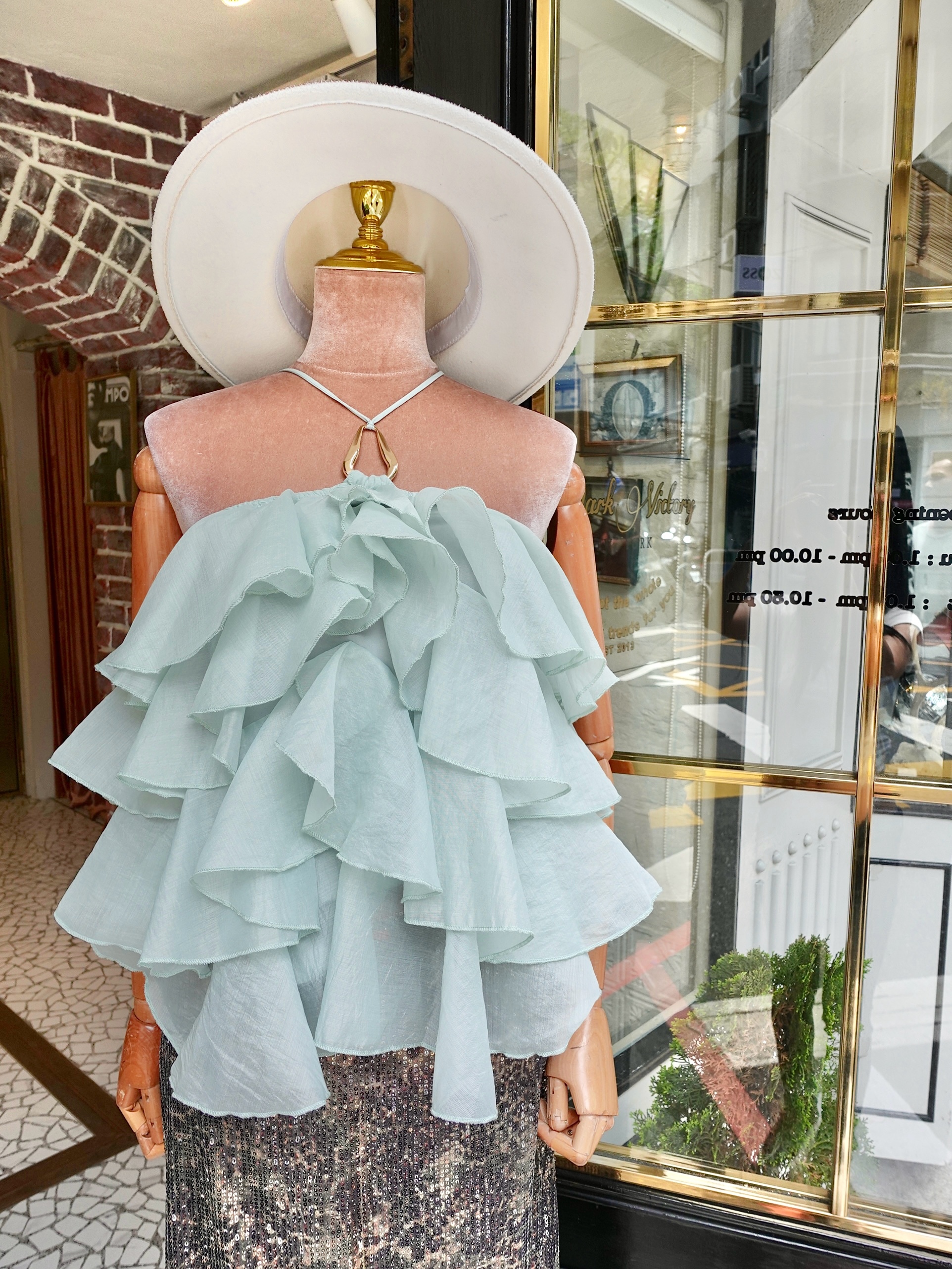 Lake Green湖水綠色多層荷葉金環上衣